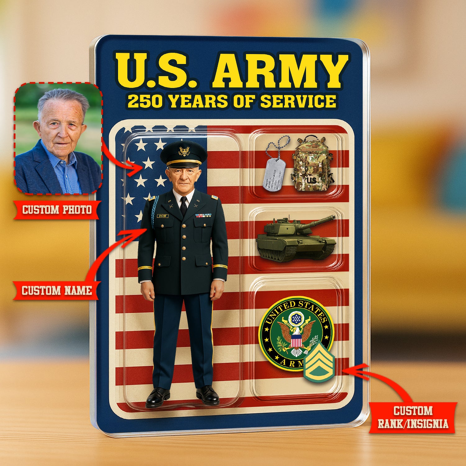 Personalized US Army 250th Years Of Service Custom Figure Male Army Officer Service Uniform Acrylic Block
