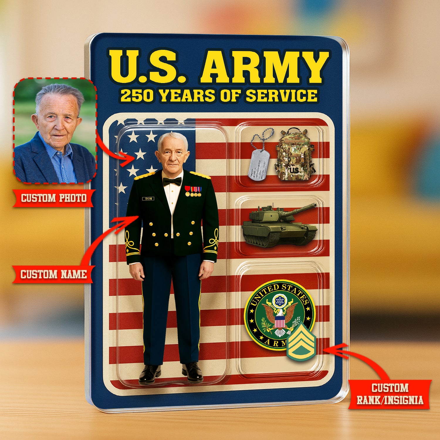 Personalized US Army 250th Years Of Service Custom Figure Male Army Officer Blue Mess Dress Uniform Acrylic Block