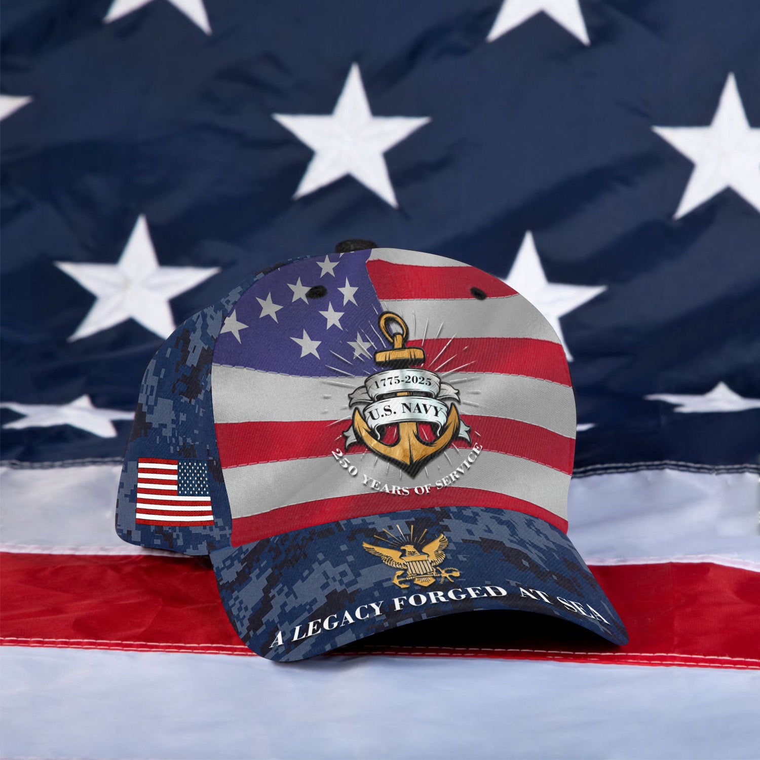 US Navy 250 Years A Legacy Forged At Sea All Over Prints Premium Classic Cap