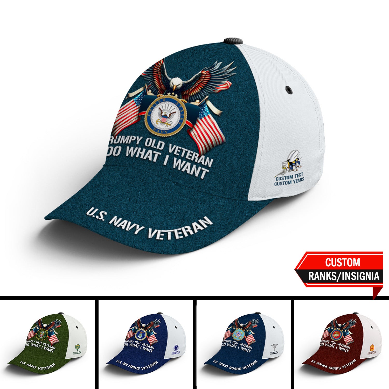 Custom Ranks/Insignia, Personalized Name And Years Served All Over Prints Premium Classic Cap JAOVC17