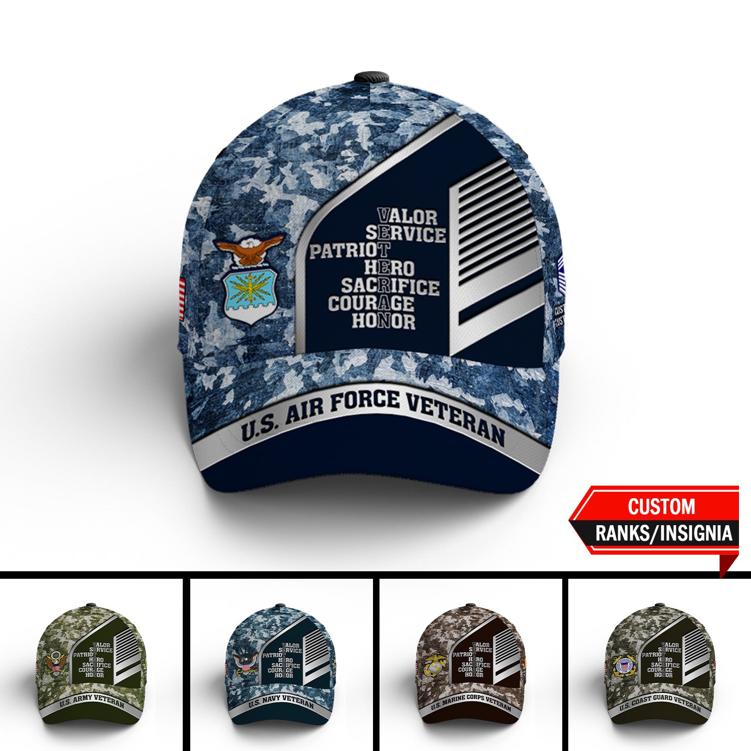 Custom Ranks/Insignia, Personalized Name And Years Served All Over Prints Premium Classic Cap JAOVC16
