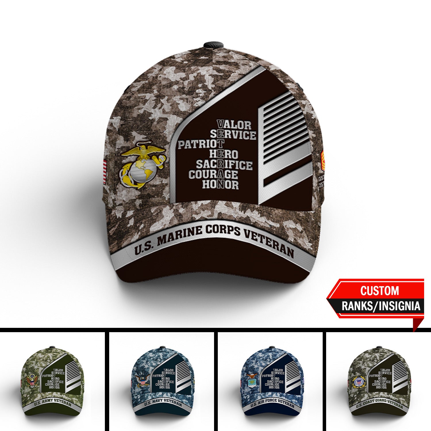 Custom Ranks/Insignia, Personalized Name And Years Served All Over Prints Premium Classic Cap JAOVC16