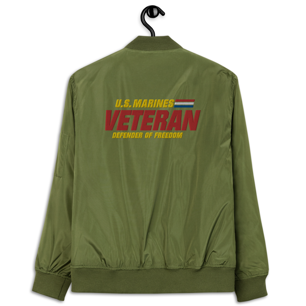US Marines Veteran Defender Of Freedom, Custom MARlNE Ranks, Insignia On Left Chest, Embroidered Recycled Bomber Jacket