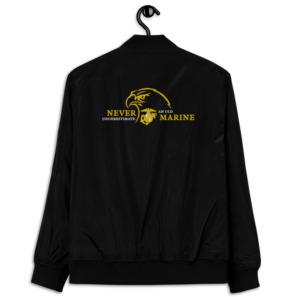 Never Underestimate An Old Marine, Custom MARlNE Ranks, Insignia On Back, Embroidered Recycled Bomber Jacket
