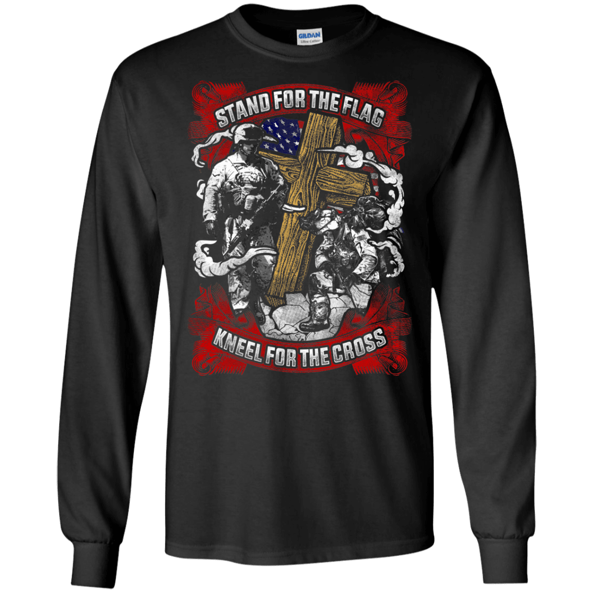 Military T-Shirt "Stand For the Flag Kneel For The Cross Men" Front-TShirt-General-Veterans Nation