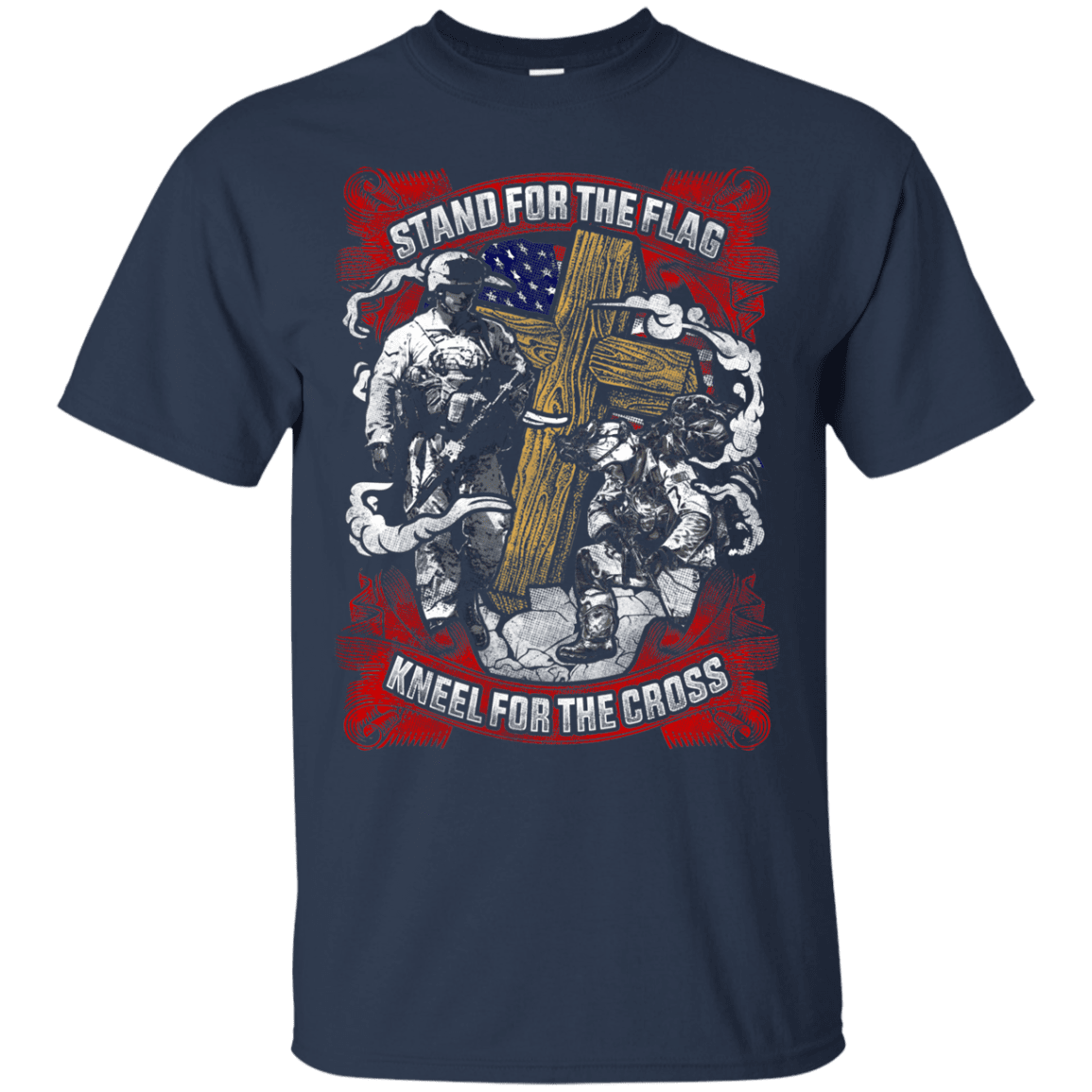 Military T-Shirt "Stand For the Flag Kneel For The Cross Men" Front-TShirt-General-Veterans Nation