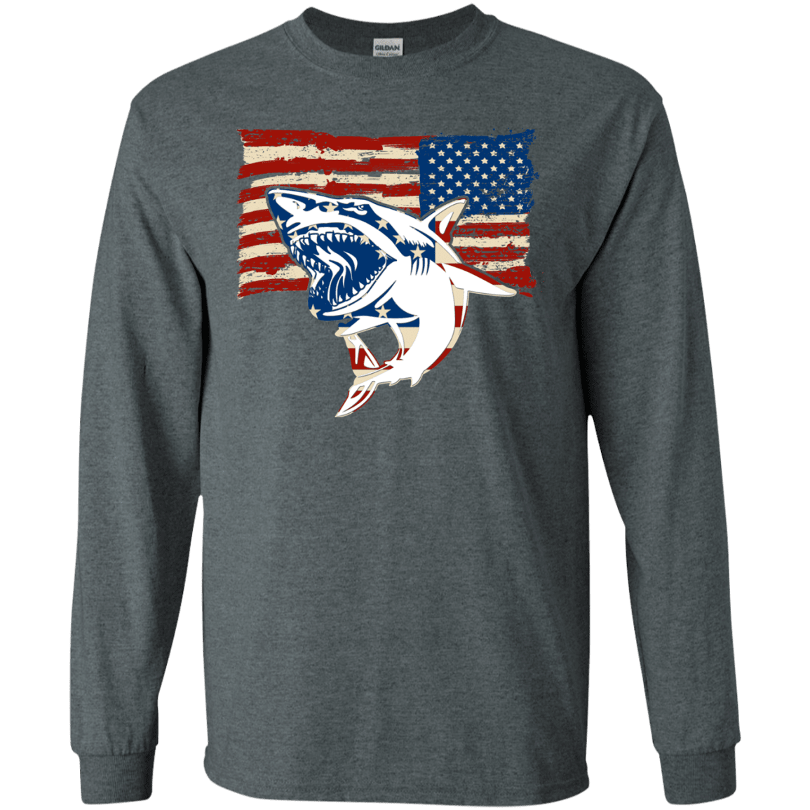 Military T-Shirt "Independence Day Shark American Flag" Front-TShirt-General-Veterans Nation