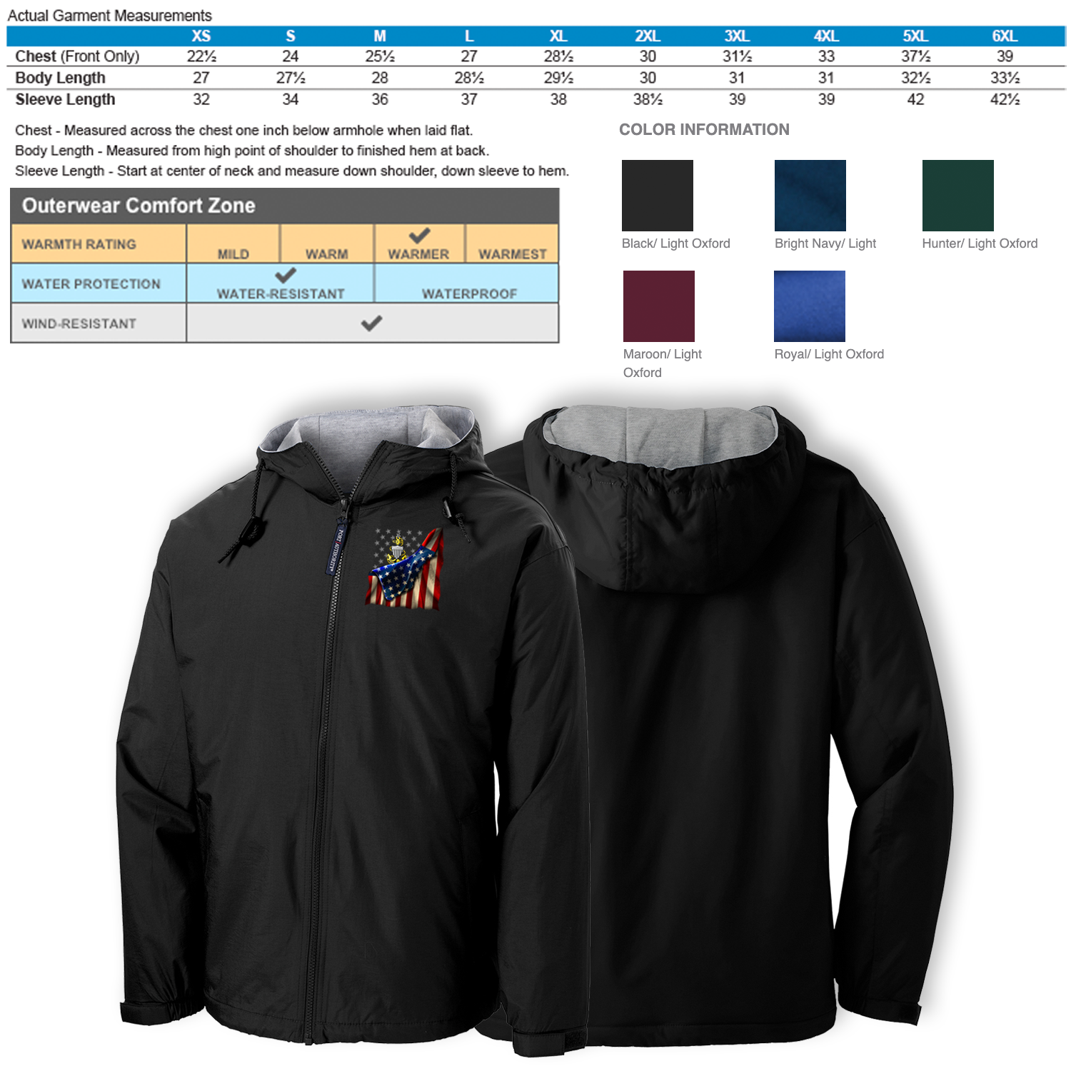 Custom US Coast Guard Ranks/Insignia, USA Flag, Print On Left Chest Team Jacket