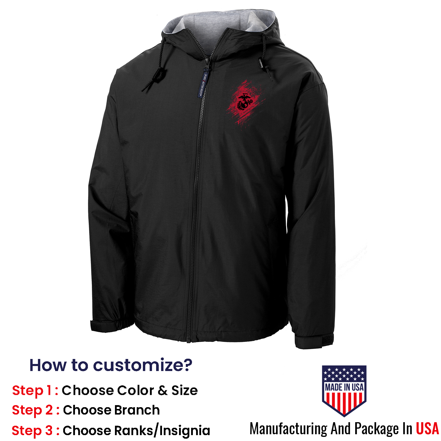 Custom MARlNE Ranks/Insignia In Heart Print On Left Chest Team Jacket