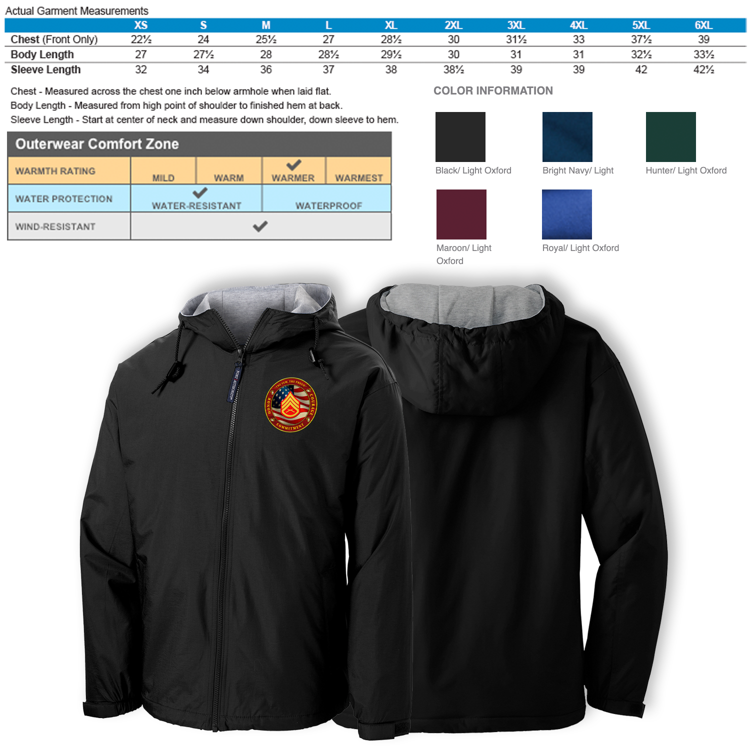 Custom MARlNE Ranks/Insignia Military Mottos, Core Values Print On Left Chest Team Jacket