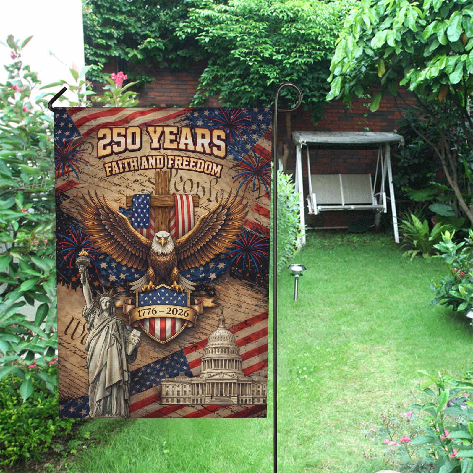 250 Years Faith and Freedom Garden Flag Patriotic Cross Eagle USA Decor