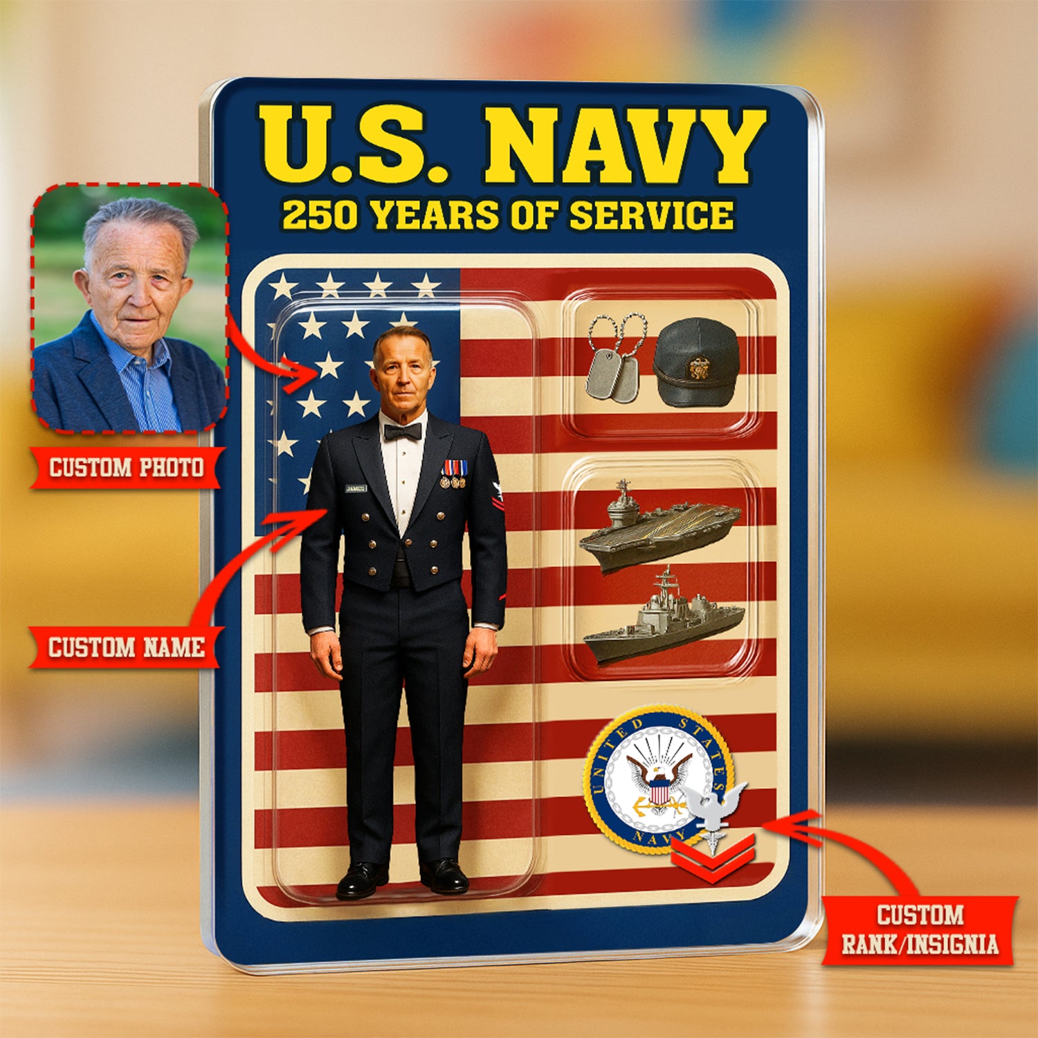 Personalized US Navy 250th Years Of Service Custom Figure Enlisted Dinner Dress Uniform Acrylic Block