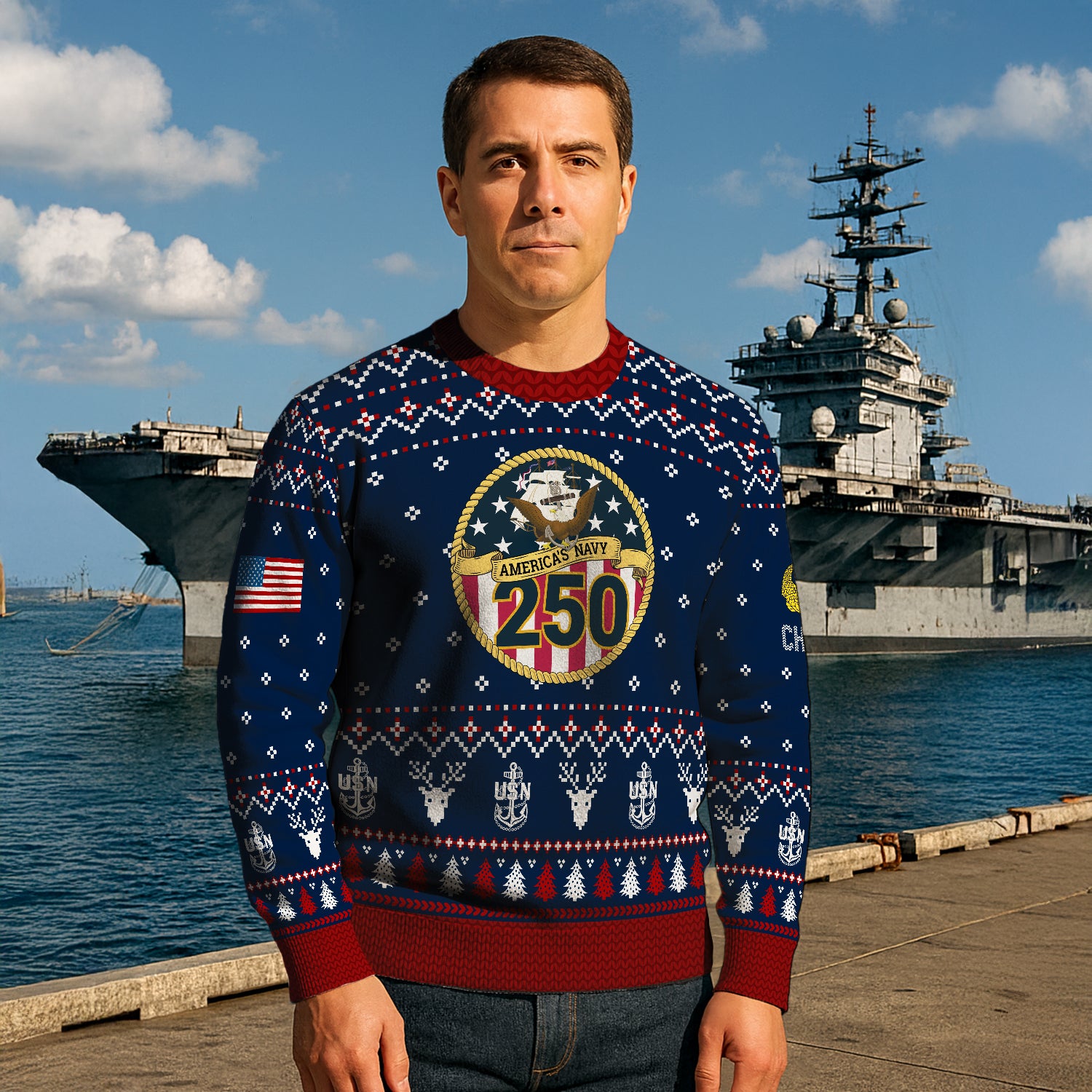 Custom Ranks And Text US Navy Ugly Christmas Sweater for Women Men JUST01