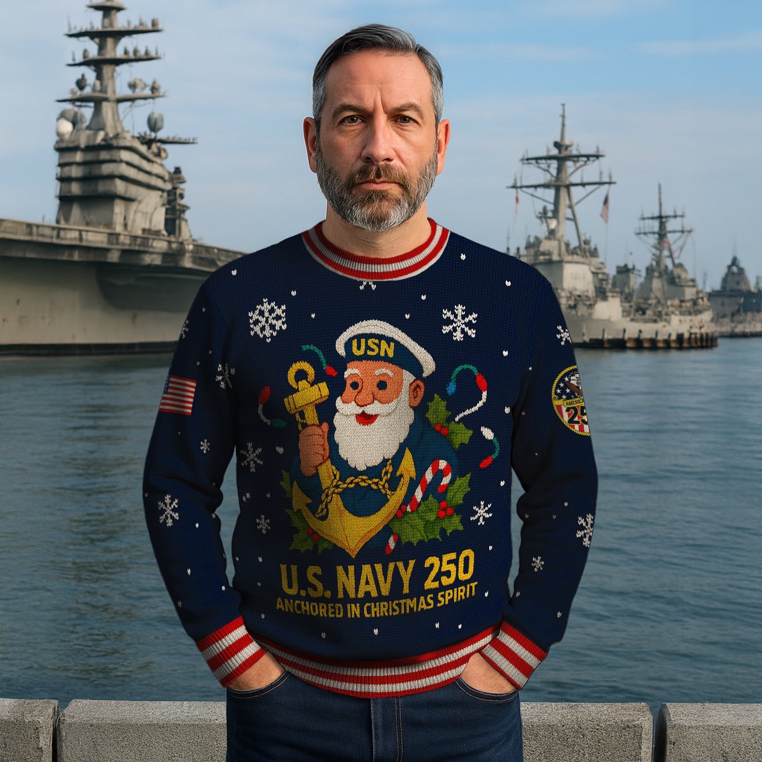 US Navy 250 Anchored In Christmas Spirit Christmas Ugly Sweater