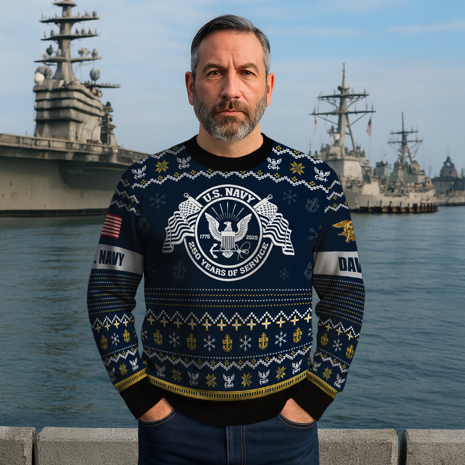 Custom Ranks And Text US Navy Ugly Christmas Sweater for Women Men JUST04