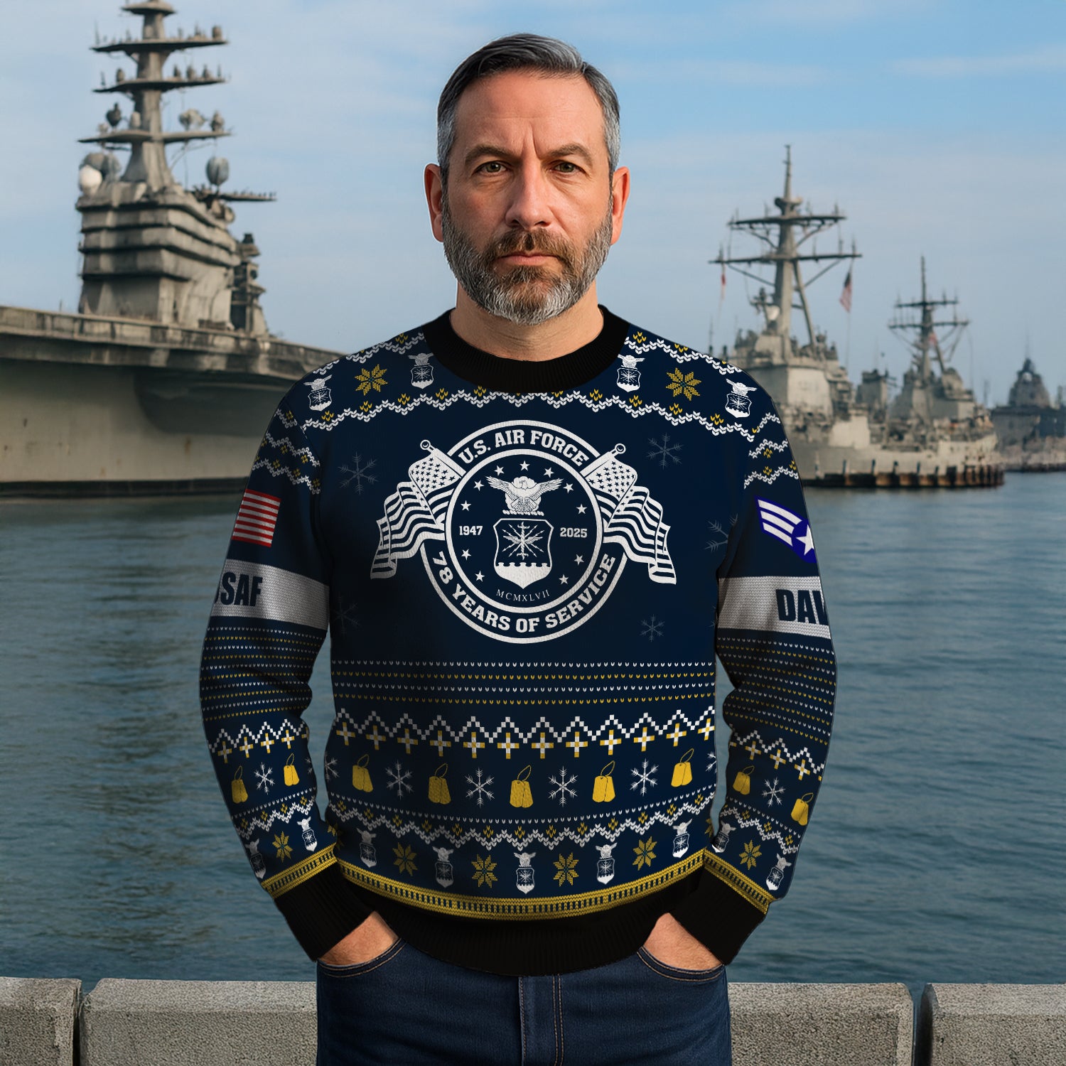 Custom Ranks And Text US Air Force Ugly Christmas Sweater for Women Men JUST04