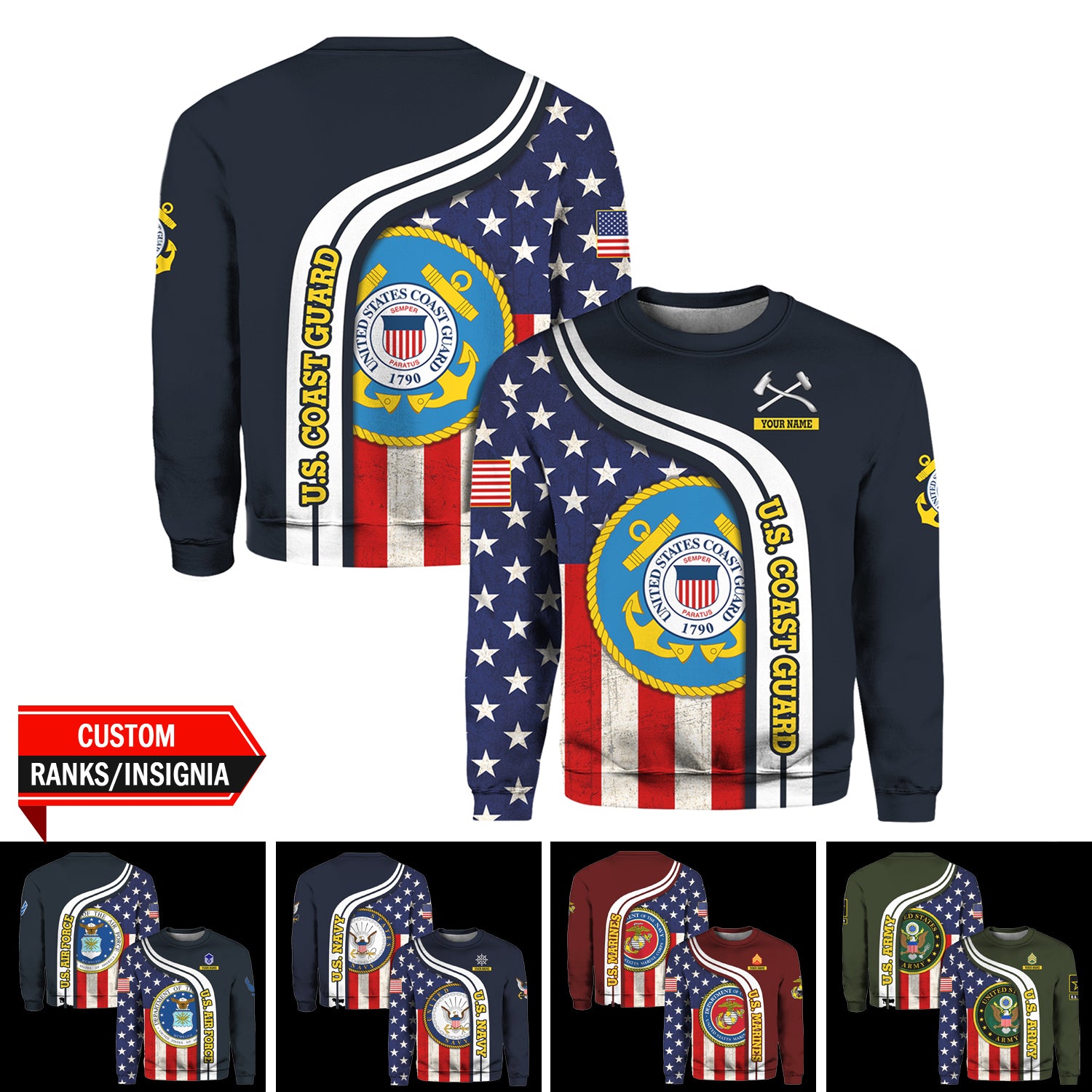 Custom 3D All Over Prints Ugly Sweater, Personalized Name And Military Logo, USA Flag