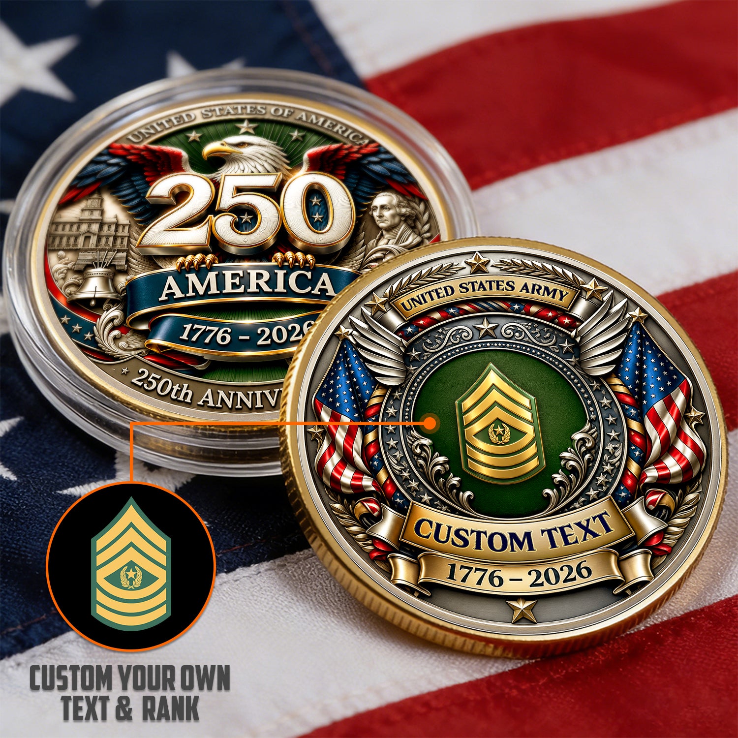 America 250th Anniversary Army Rank Personalized Coin
