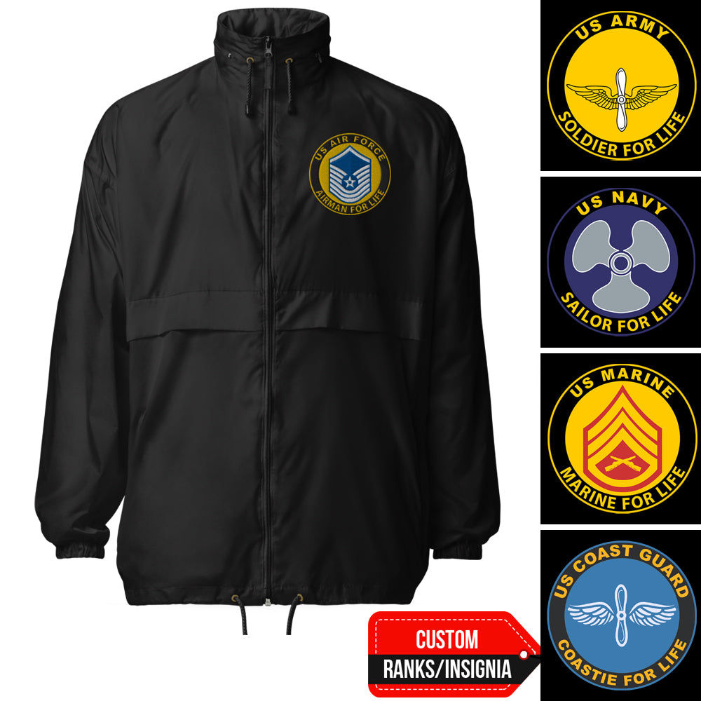 US Military Soldier, Sailor, Airman For Life Custom Ranks/Insignia Embroidered Unisex Windbreaker