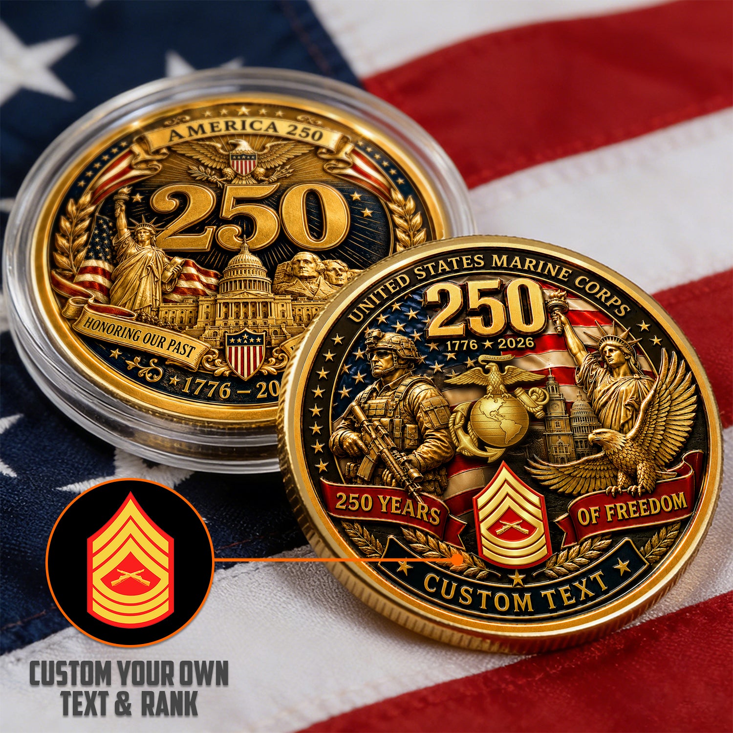 Personalized USMC Military Rank Coin America 250 Anniversary