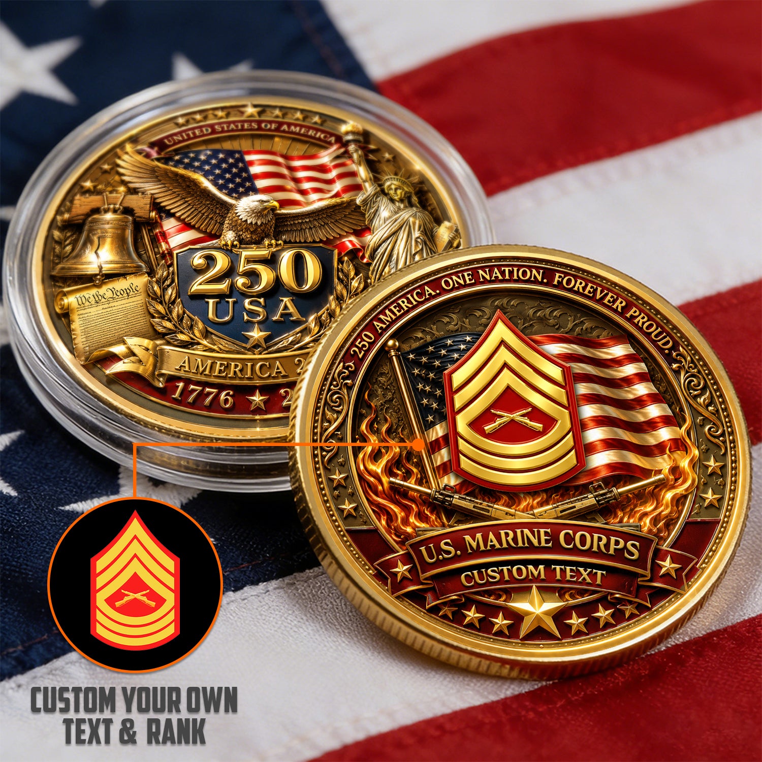 Custom USMC Rank Challenge Coin 1776-2026 Military Keepsake