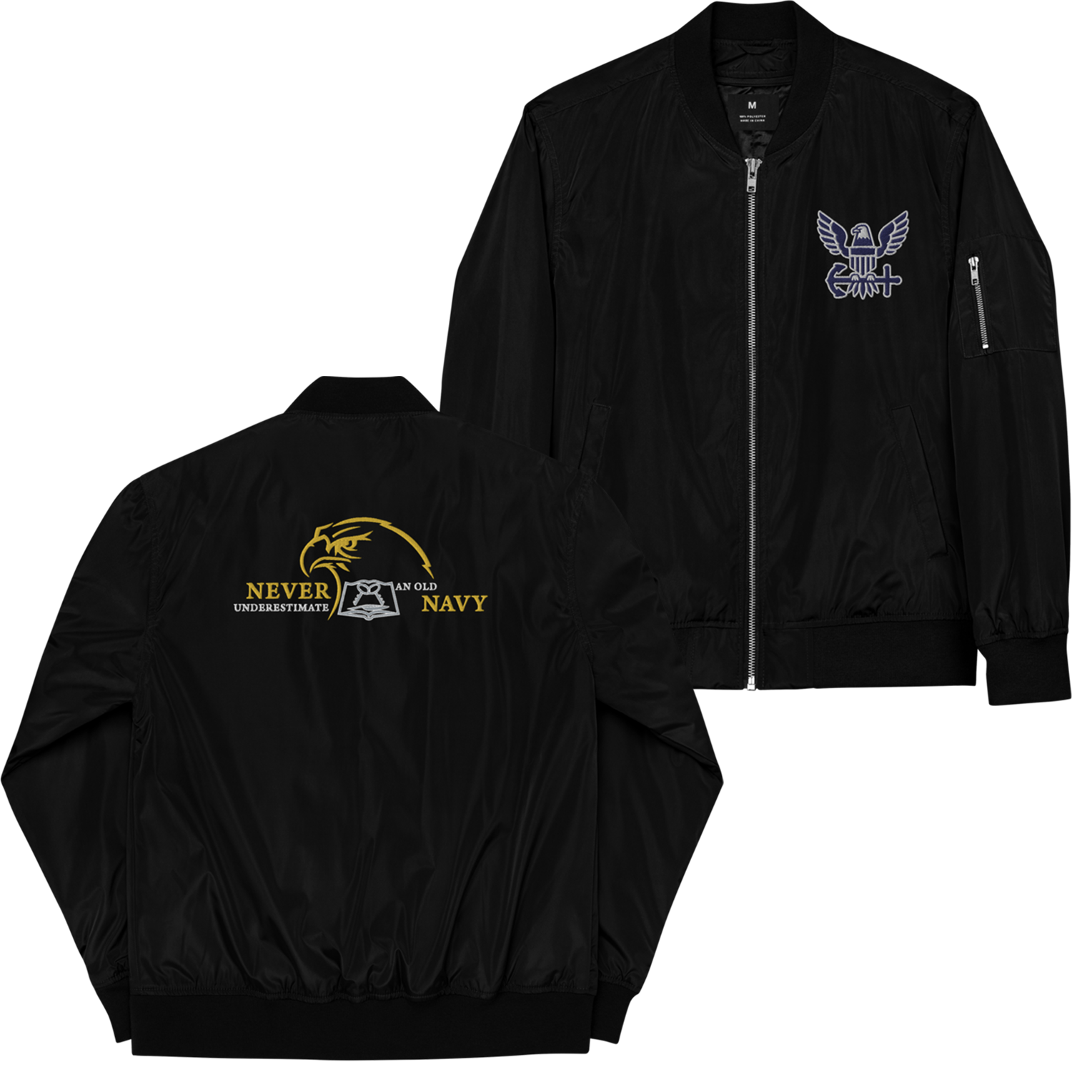 Never Underestimate An Old Navy, Custom Navy Ranks, Insignia On Back, Embroidered Recycled Bomber Jacket