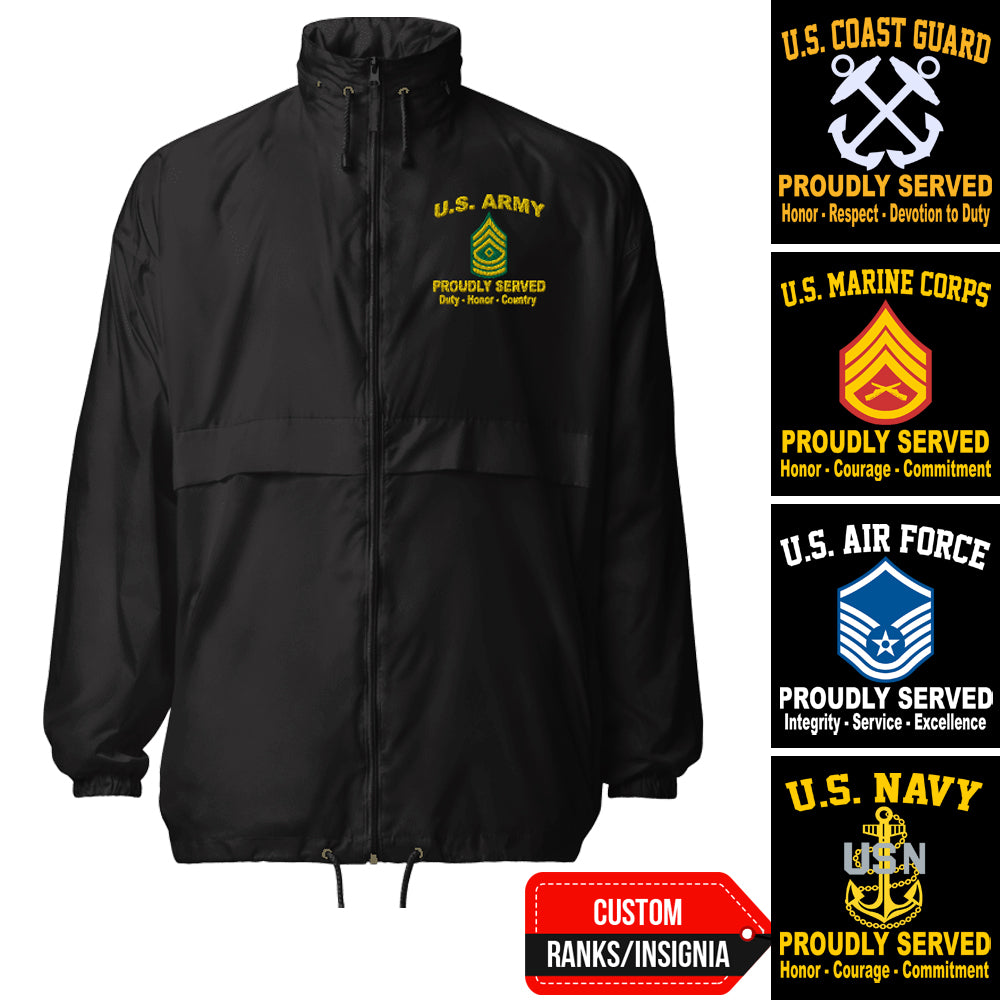 Custom US Military Ranks/Insignia Proudly Served Core Value Embroidered Unisex Windbreaker