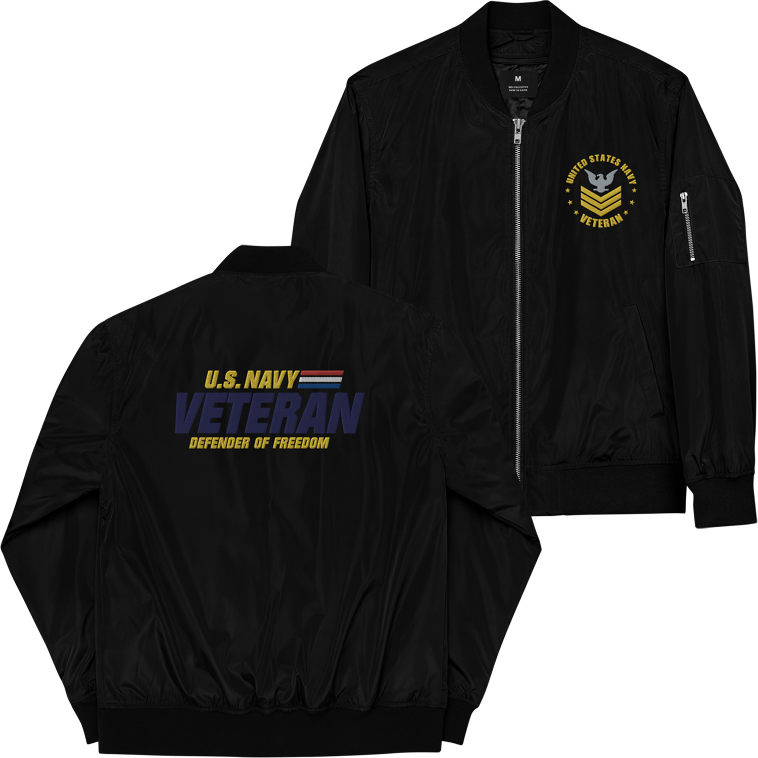 US Navy Veteran Defender Of Freedom, Custom US Navy Ranks, Insignia On Left Chest, Embroidered Recycled Bomber Jacket