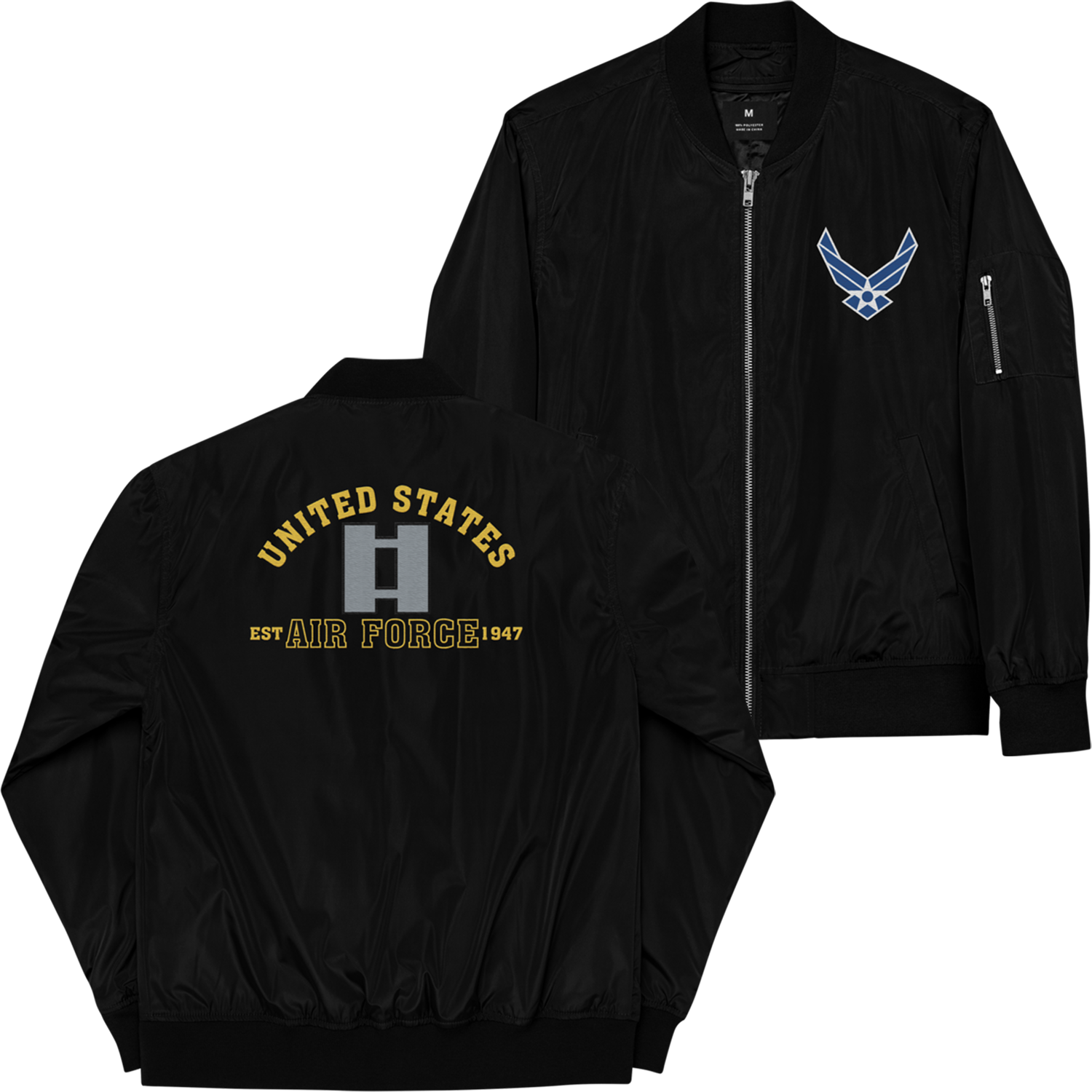 US Air Force EST. 1947, Custom US Air Force Ranks, Insignia On Back, Embroidered Recycled Bomber Jacket