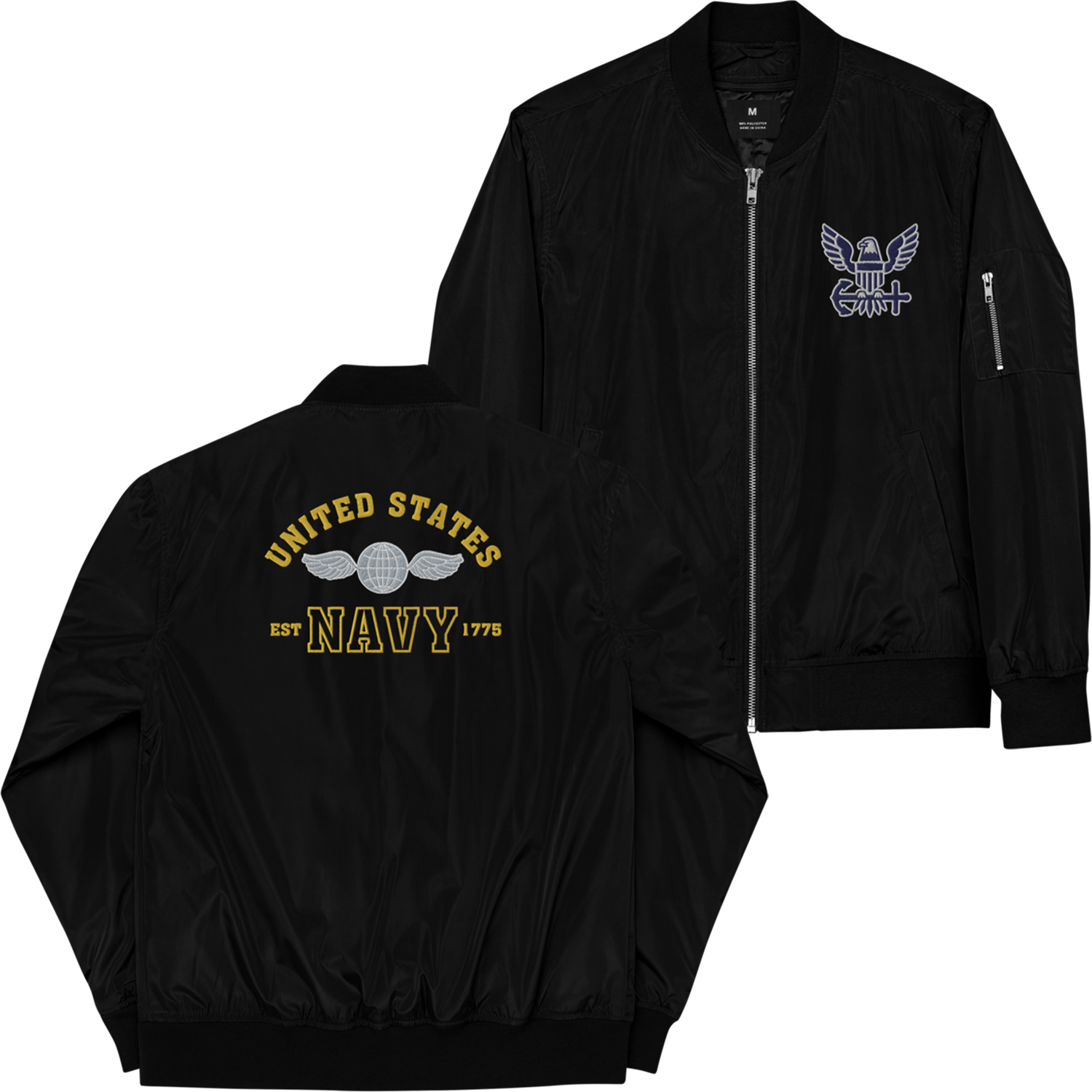 US Navy EST. 1775, Custom US Navy Ranks, Insignia On Back, Embroidered Recycled Bomber Jacket