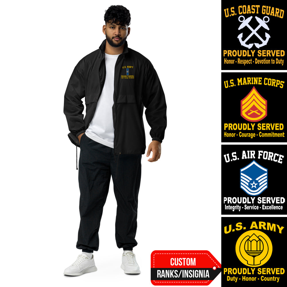 Custom US Military Ranks/Insignia Proudly Served Core Value Embroidered Unisex Windbreaker