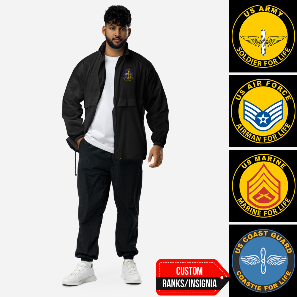 US Military Soldier, Sailor, Airman For Life Custom Ranks/Insignia Embroidered Unisex Windbreaker