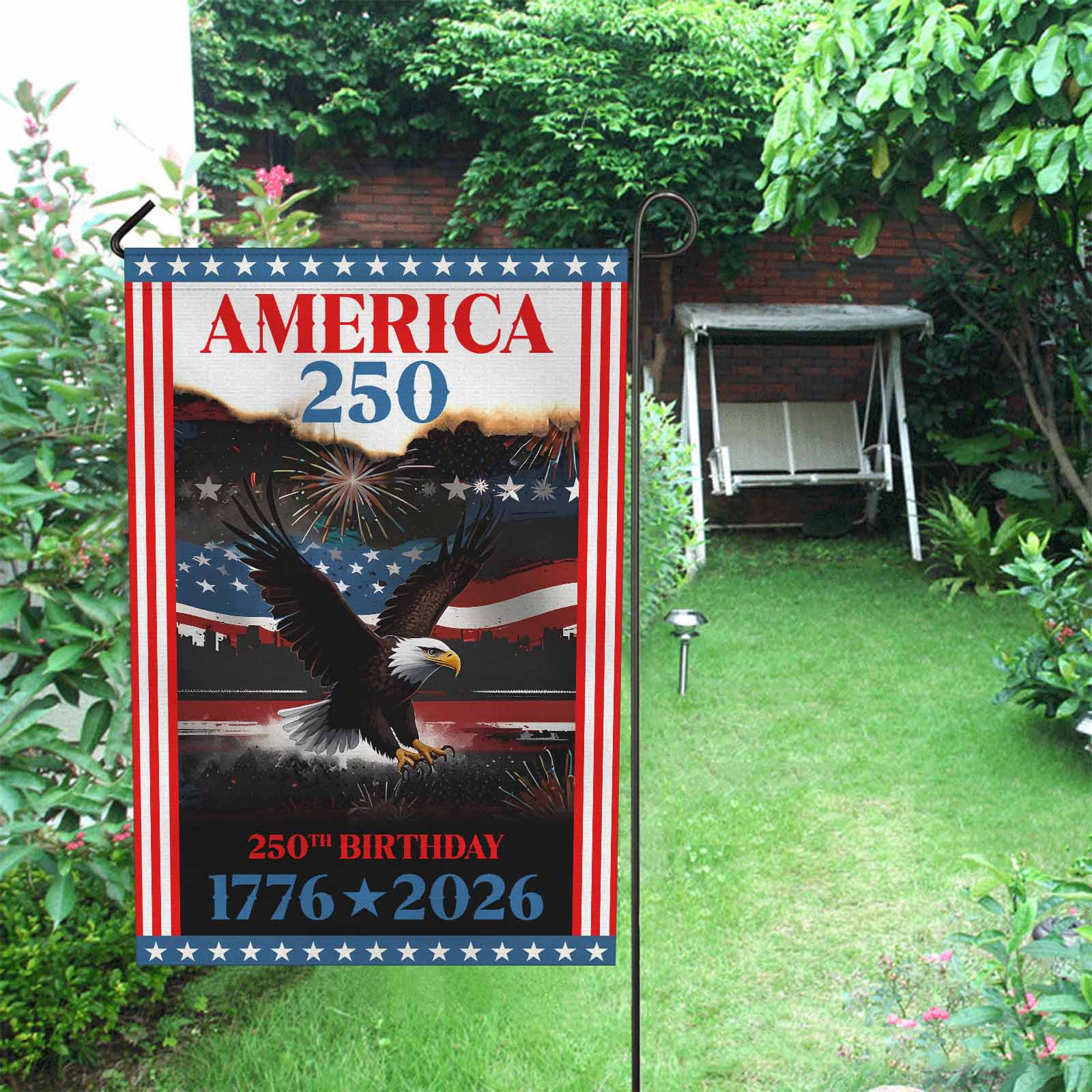 America 250 Garden Flag Patriotic Eagle Fireworks 250th Birthday USA 1776-2026 Independence Decor