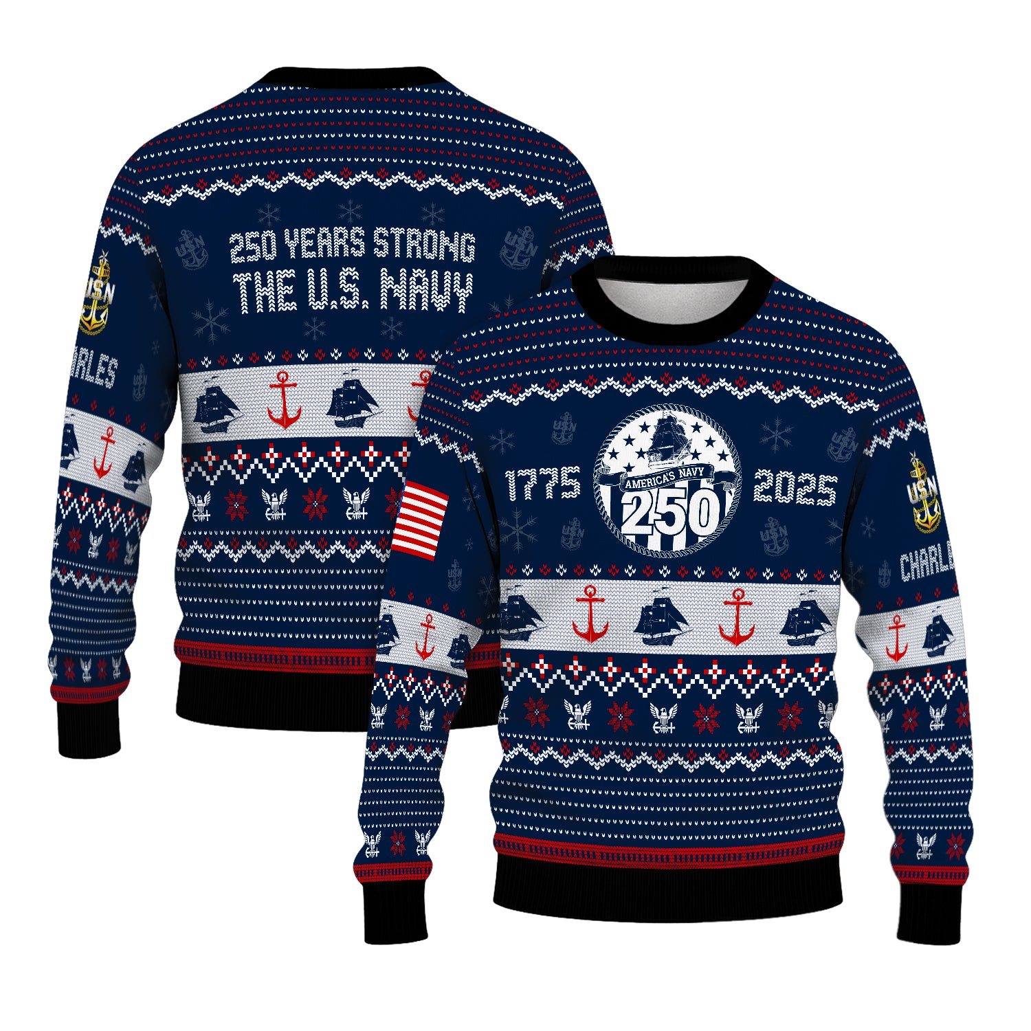 Custom Ranks And Text US Navy Ugly Christmas Sweater for Women Men JUST03