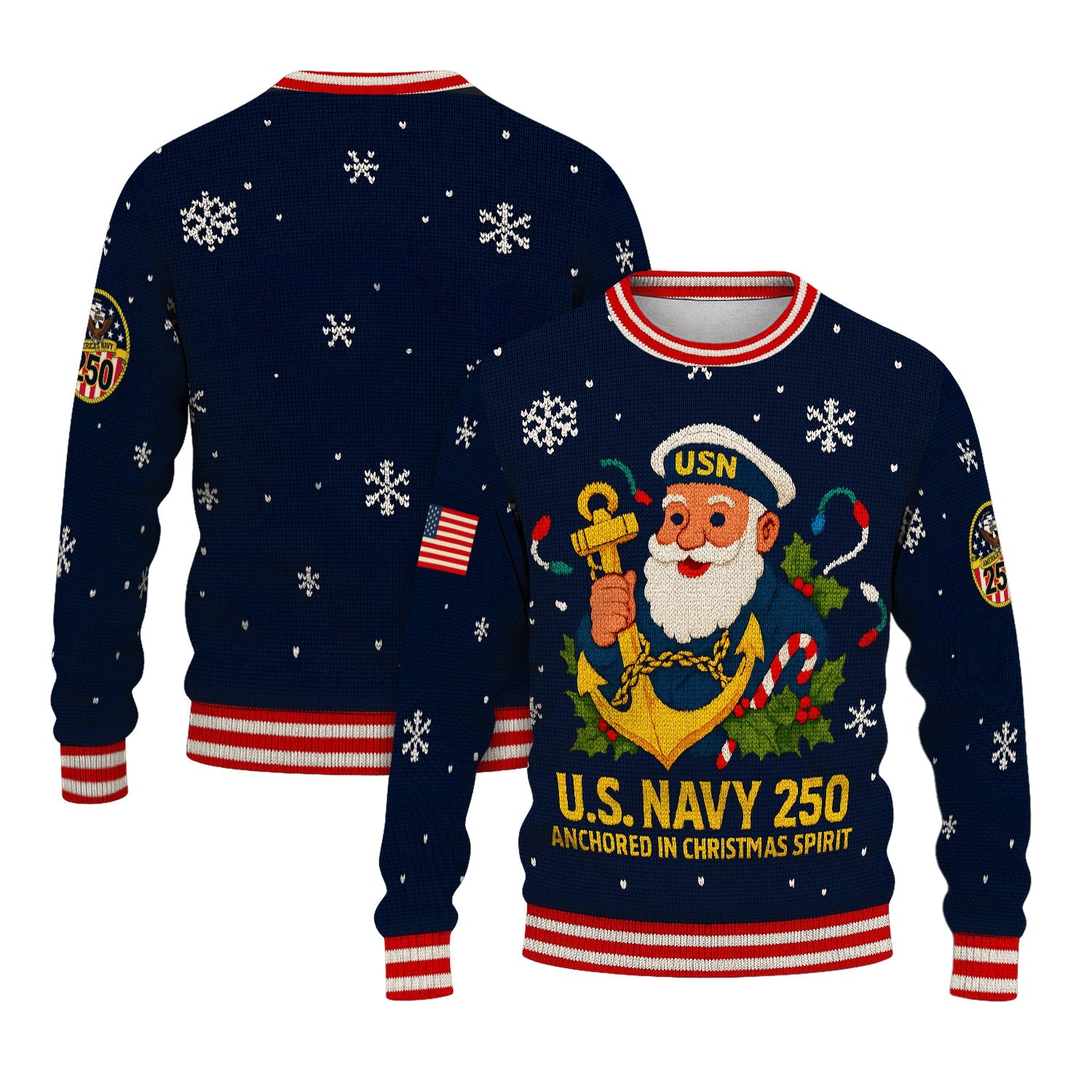 US Navy 250 Anchored In Christmas Spirit Christmas Ugly Sweater