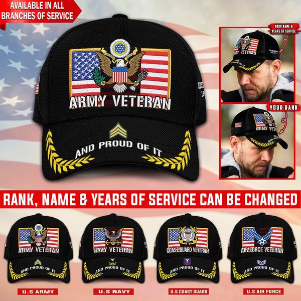 US Military Veteran Proudly Served Custom Ranks/Insignia, Personalized Name And Years Served All Over Prints Premium Classic Cap