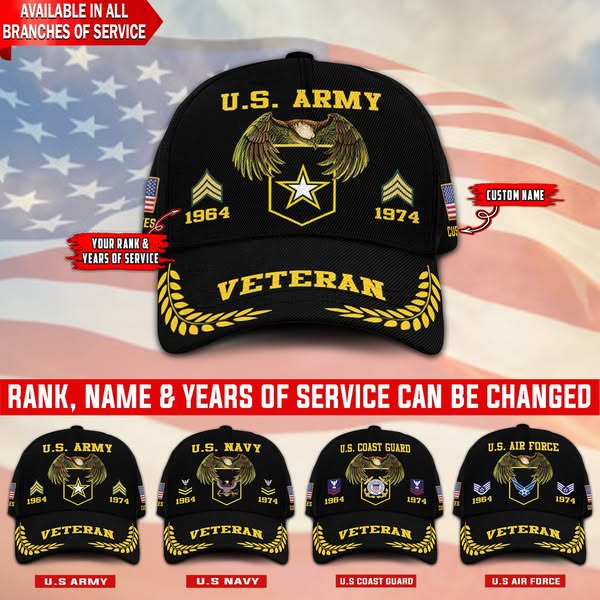 US Military Veteran Custom Ranks/Insignia, Personalized Name And Years Served All Over Prints Premium Classic Cap