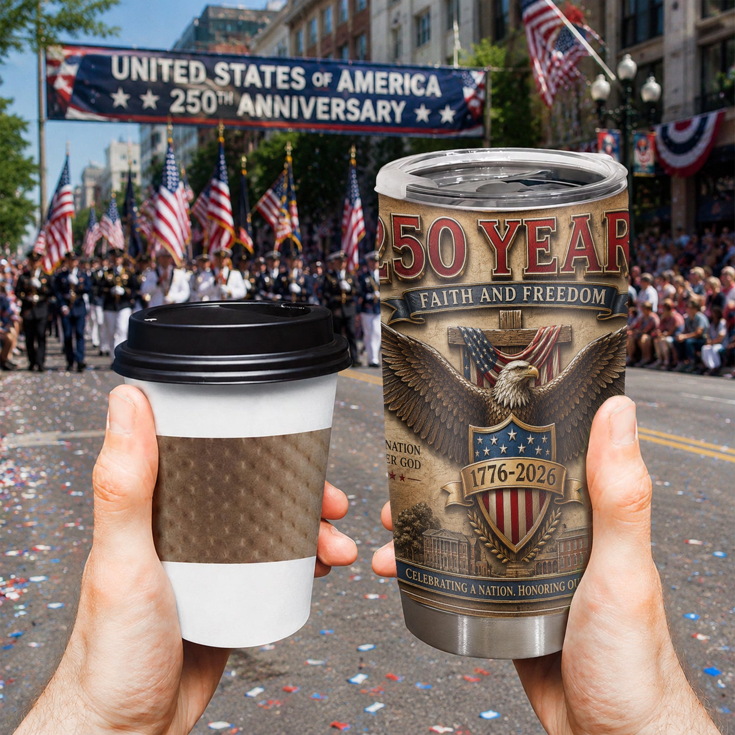 America 250 Years Faith and Freedom 20oz Tumbler Patriotic Gift