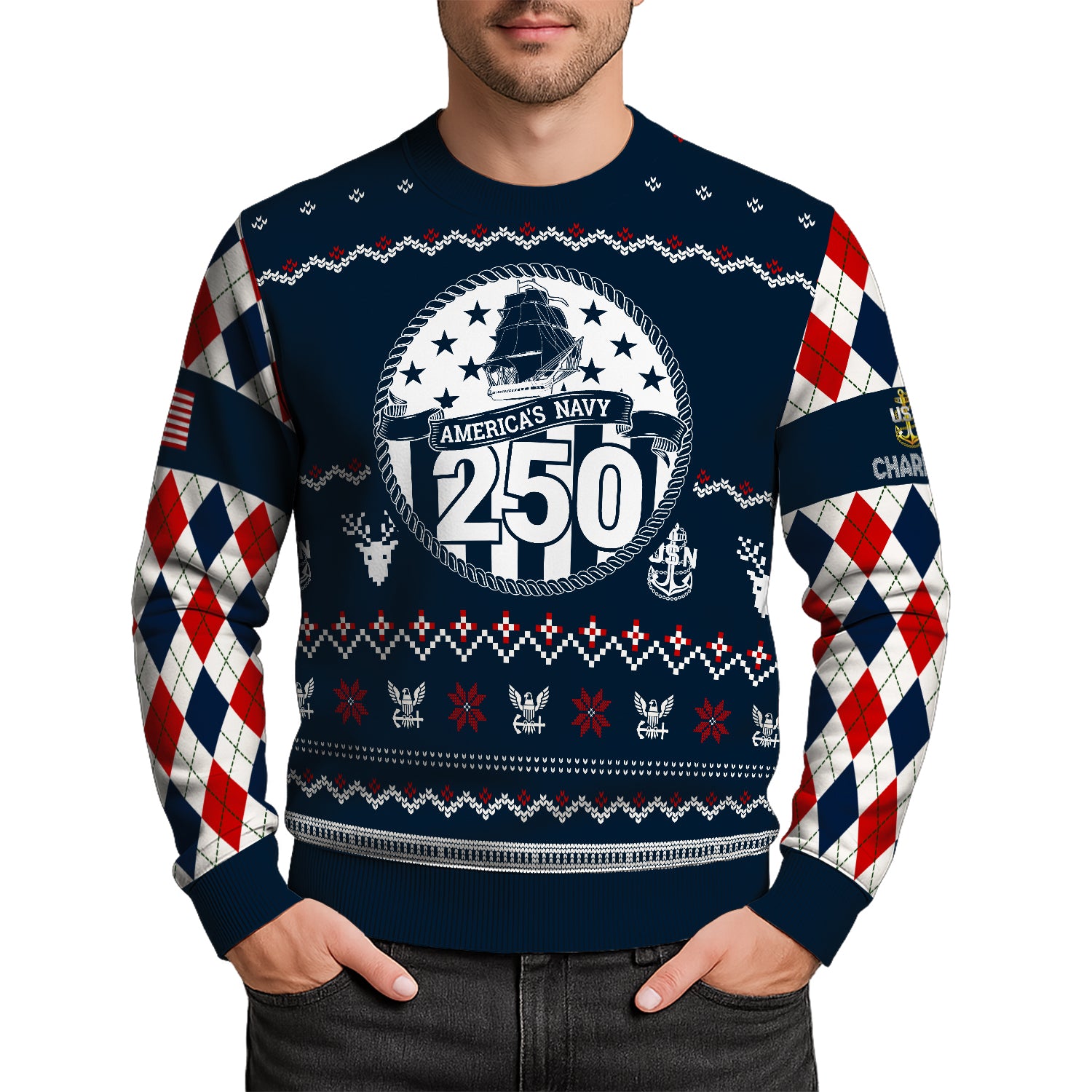 Custom Ranks And Text US Navy Ugly Christmas Sweater for Women Men JUST05