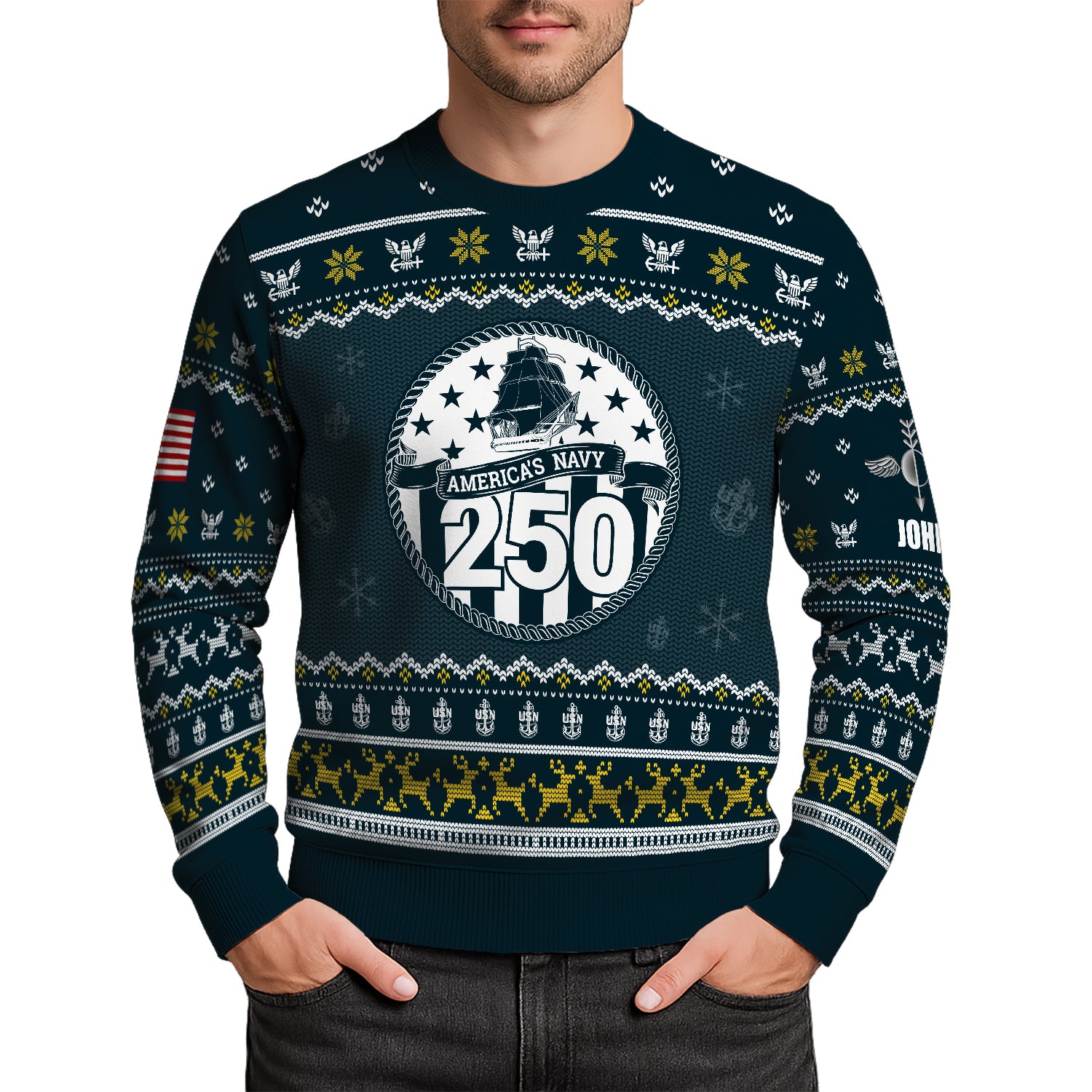 Custom Ranks And Text US Navy Ugly Christmas Sweater for Women Men JUST02