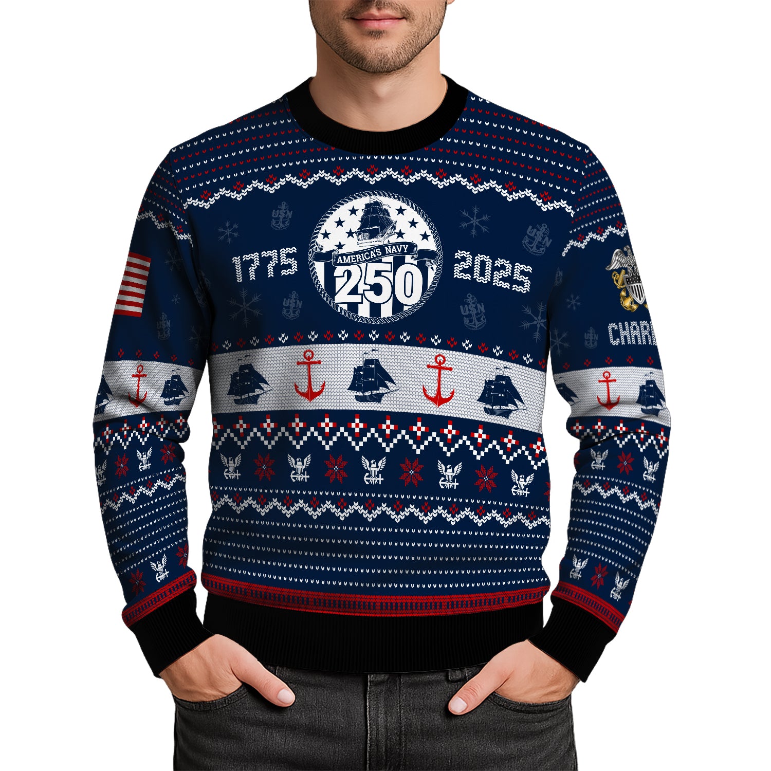Custom Ranks And Text US Navy Ugly Christmas Sweater for Women Men JUST03