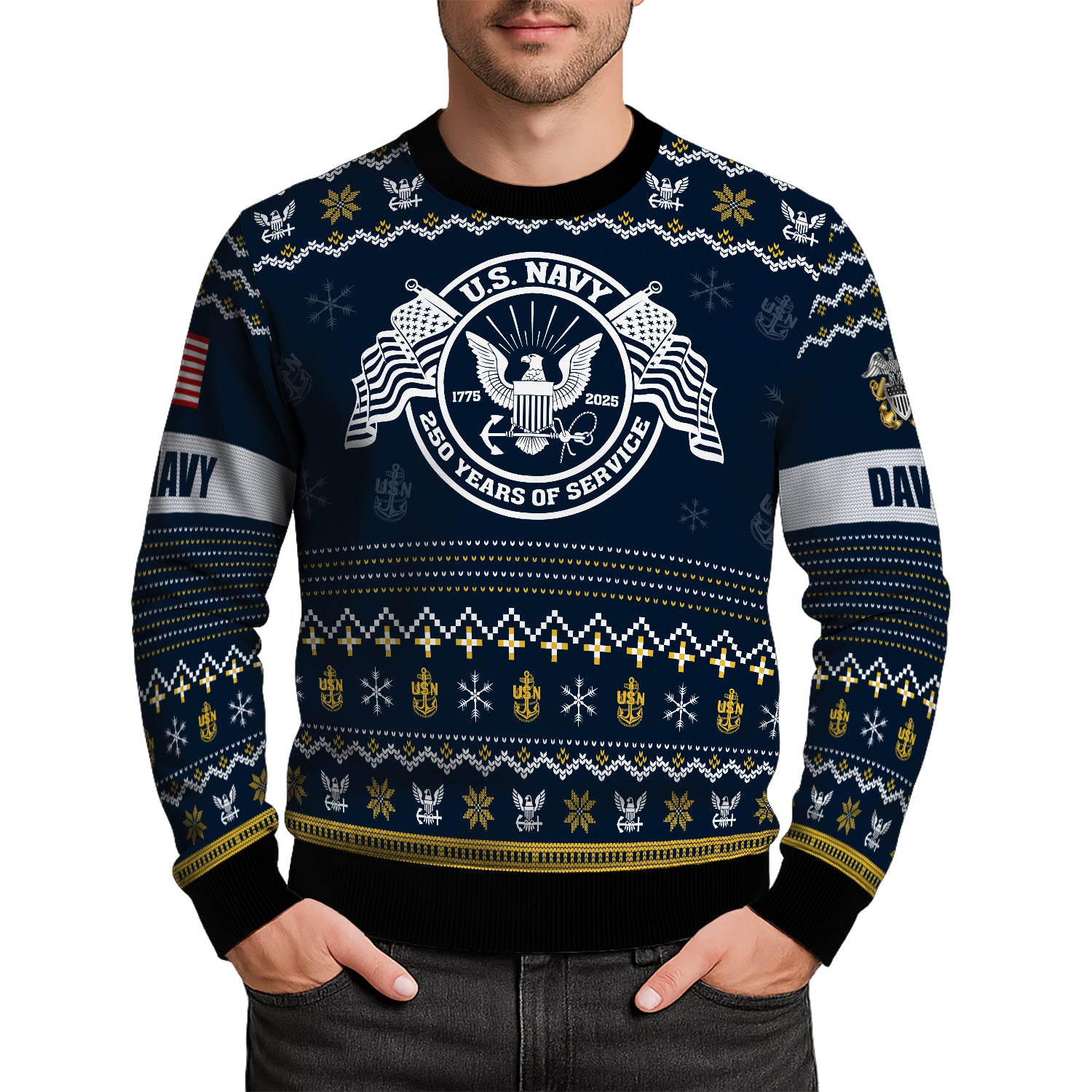 Custom Ranks And Text US Navy Ugly Christmas Sweater for Women Men JUST04