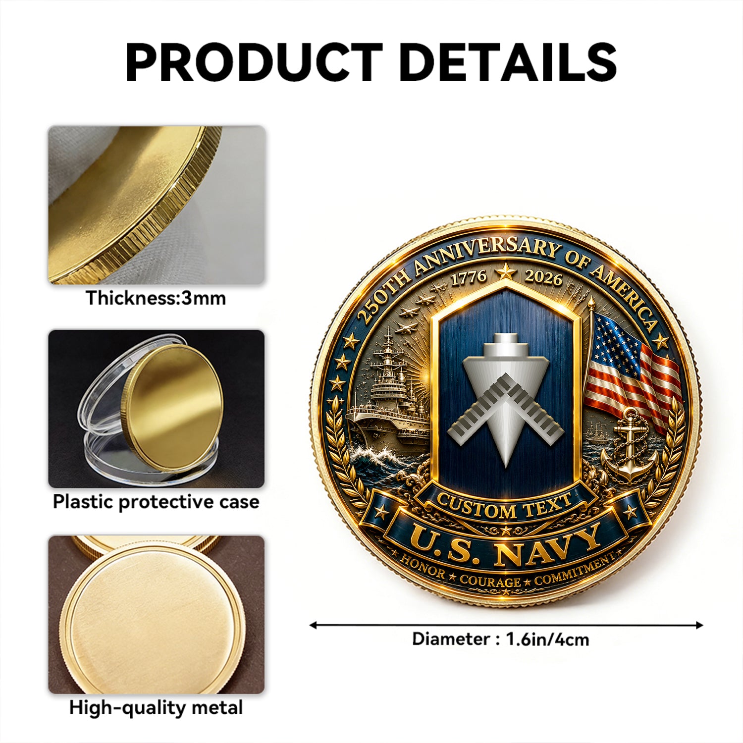 U.S. Navy Military Coin Personalized Text And Rank