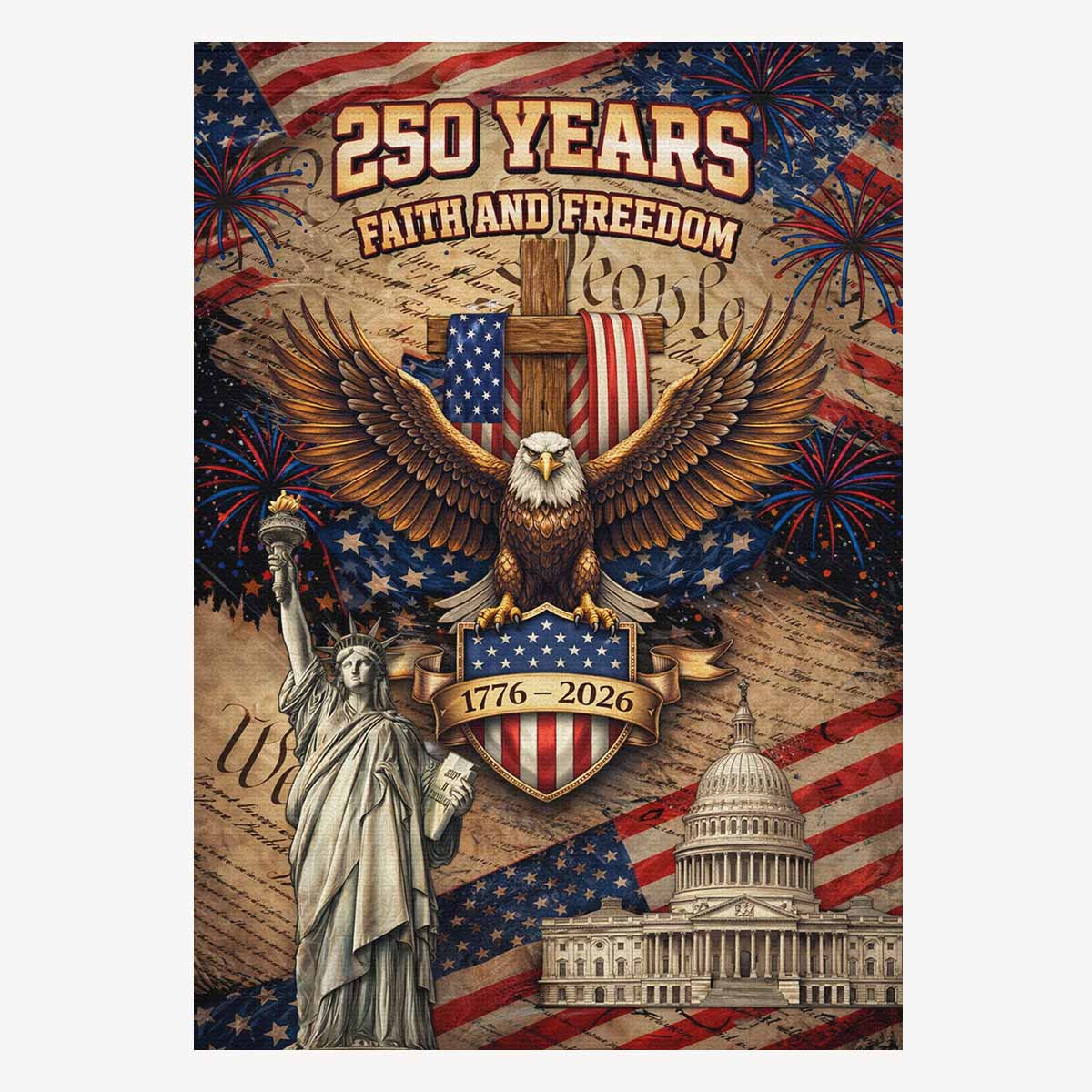 250 Years Faith and Freedom Patriotic House Flag Cross Eagle 1776-2026