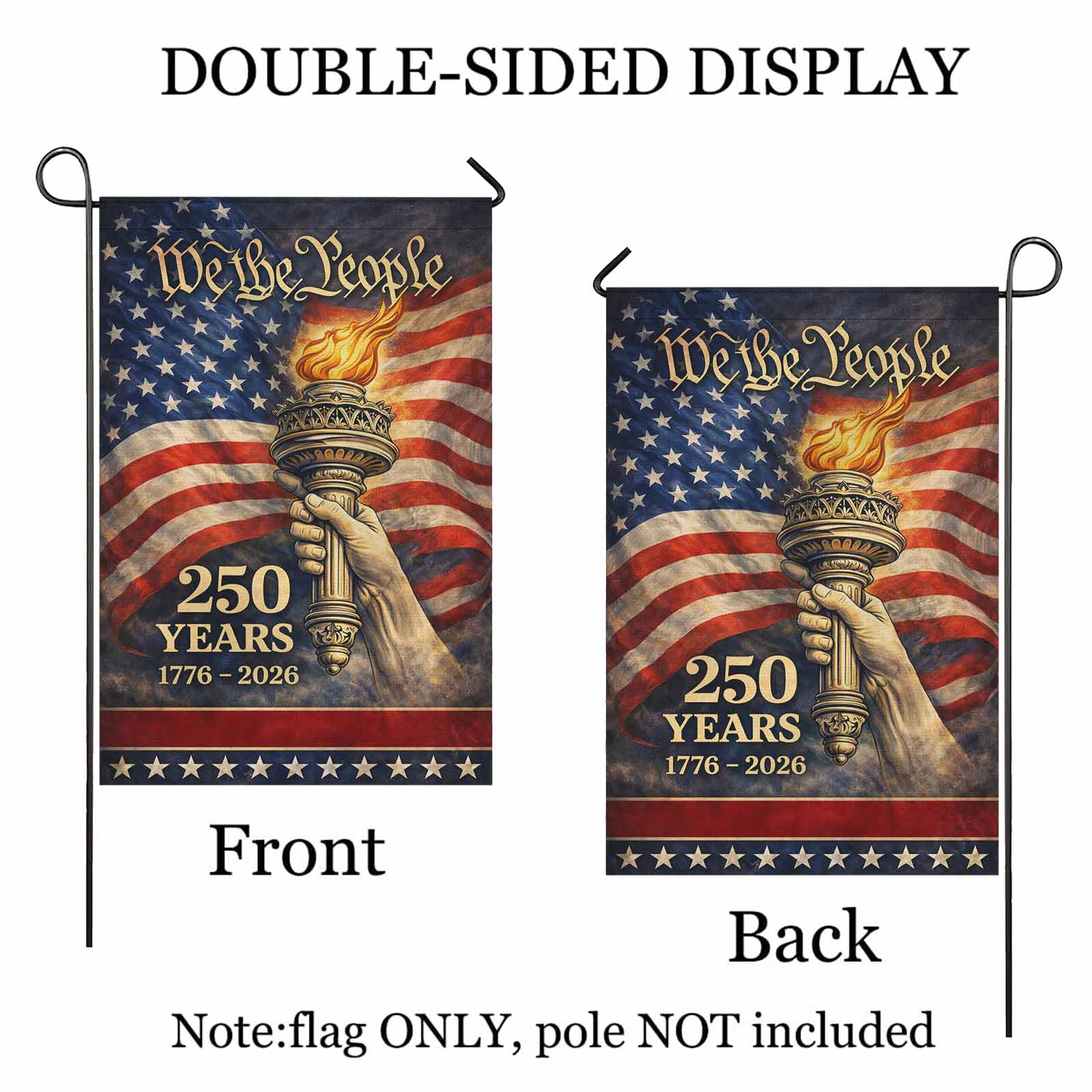 We The People 250 Years Garden Flag Patriotic USA 1776-2026 Liberty Torch Independence Decor