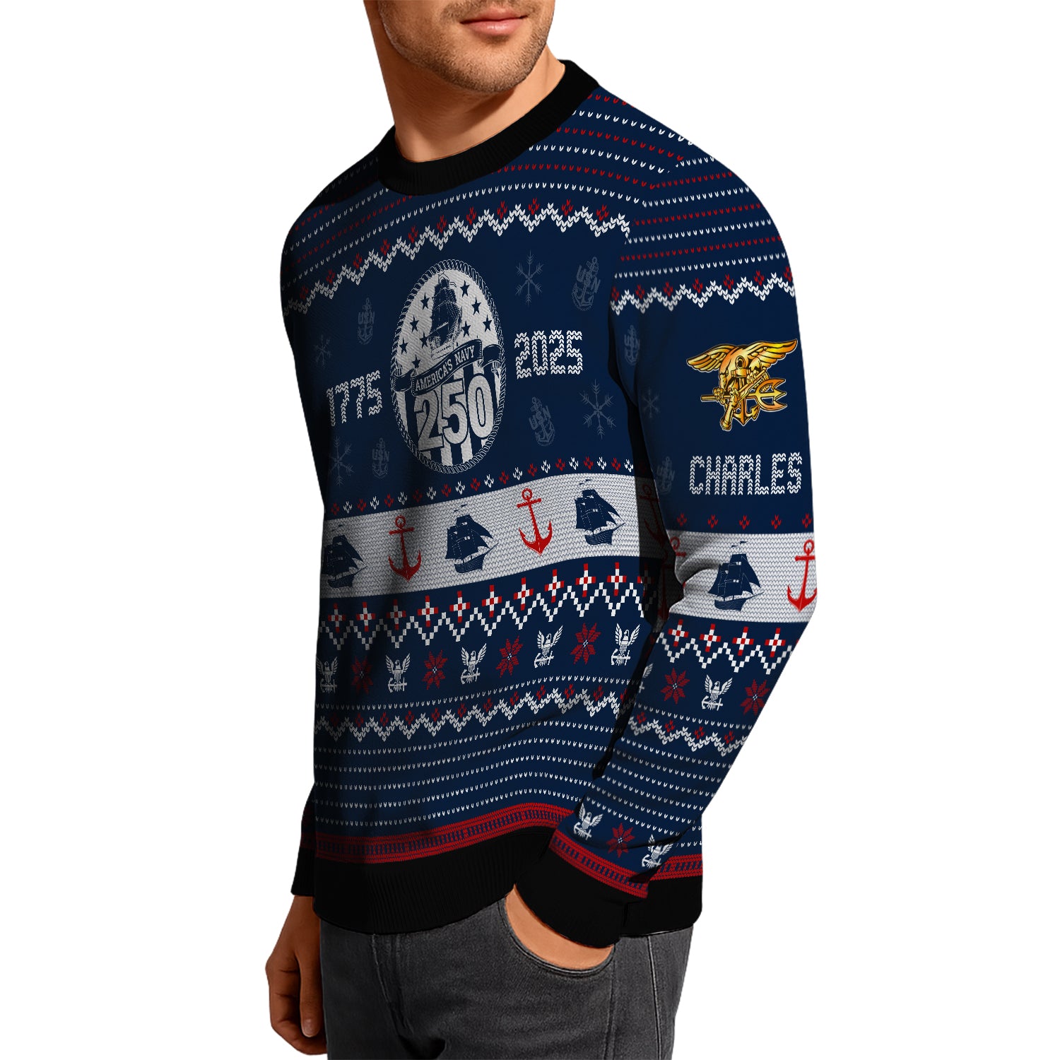 Custom Ranks And Text US Navy Ugly Christmas Sweater for Women Men JUST03