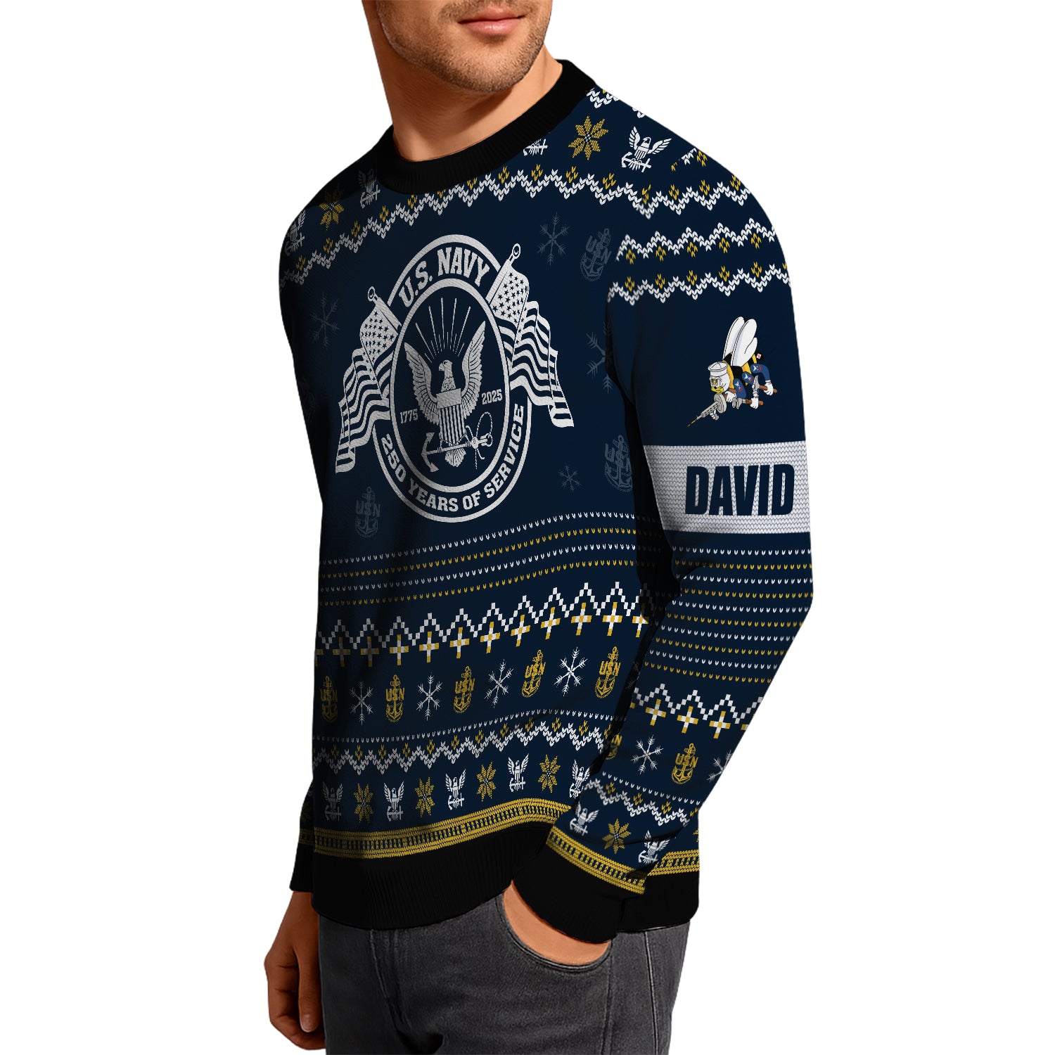 Custom Ranks And Text US Navy Ugly Christmas Sweater for Women Men JUST04