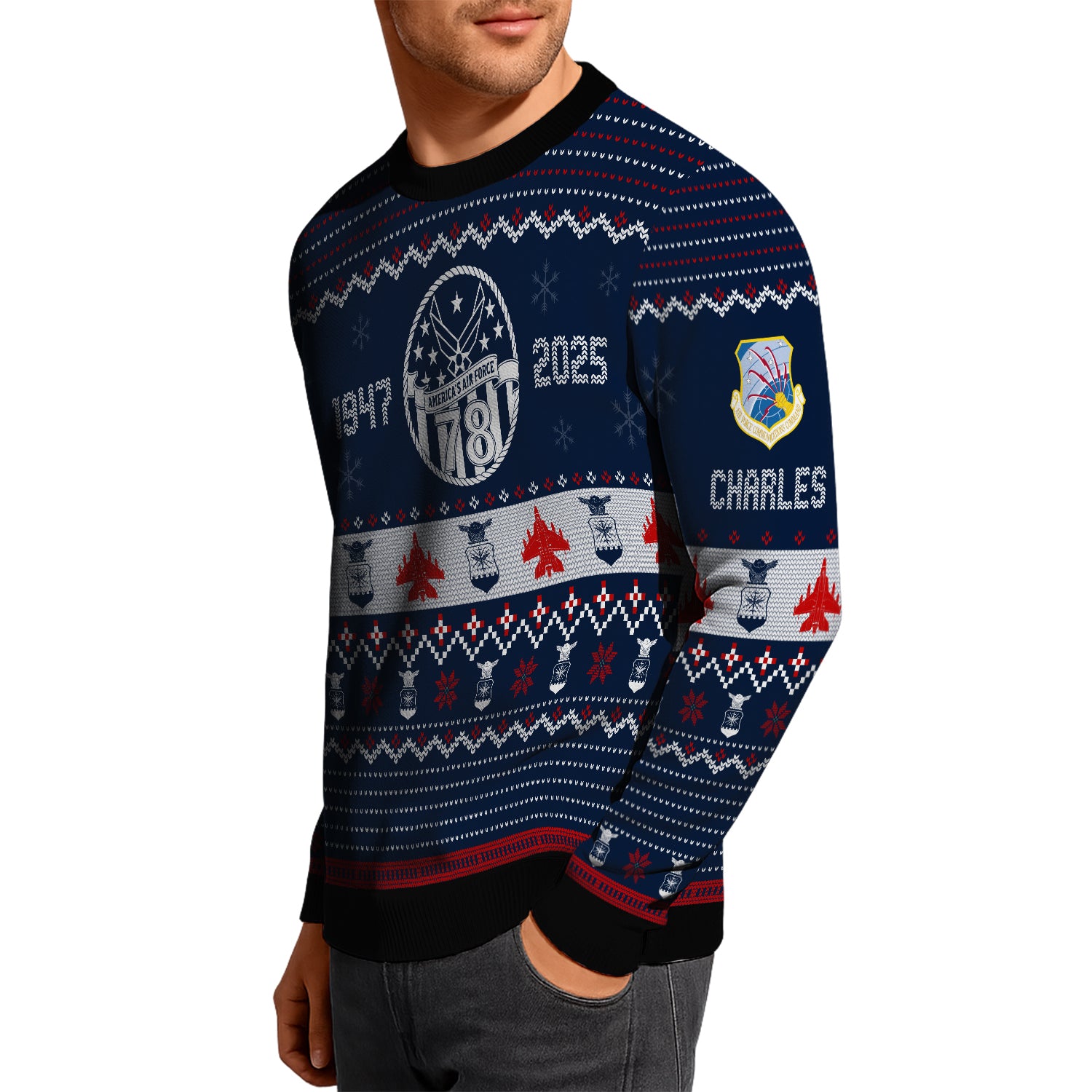 Custom Ranks And Text US Air Force Ugly Christmas Sweater for Women Men JUST03