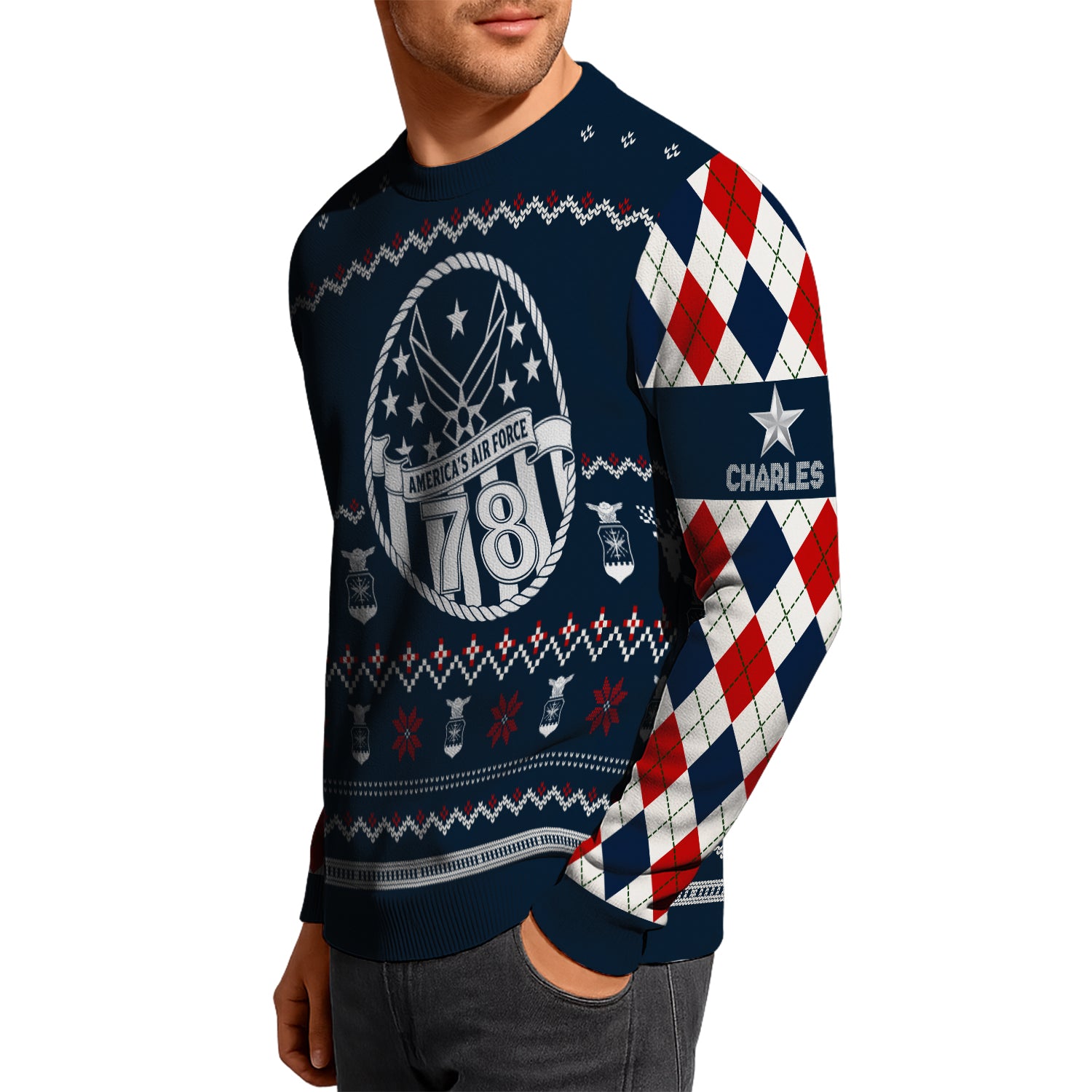 Custom Ranks And Text US Air Force Ugly Christmas Sweater for Women Men JUST05