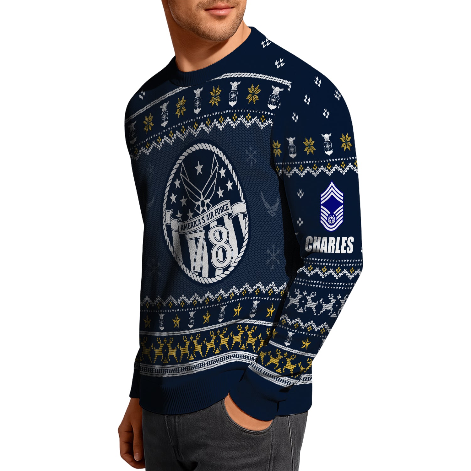 Custom Ranks And Text US Air Force Ugly Christmas Sweater for Women Men JUST02